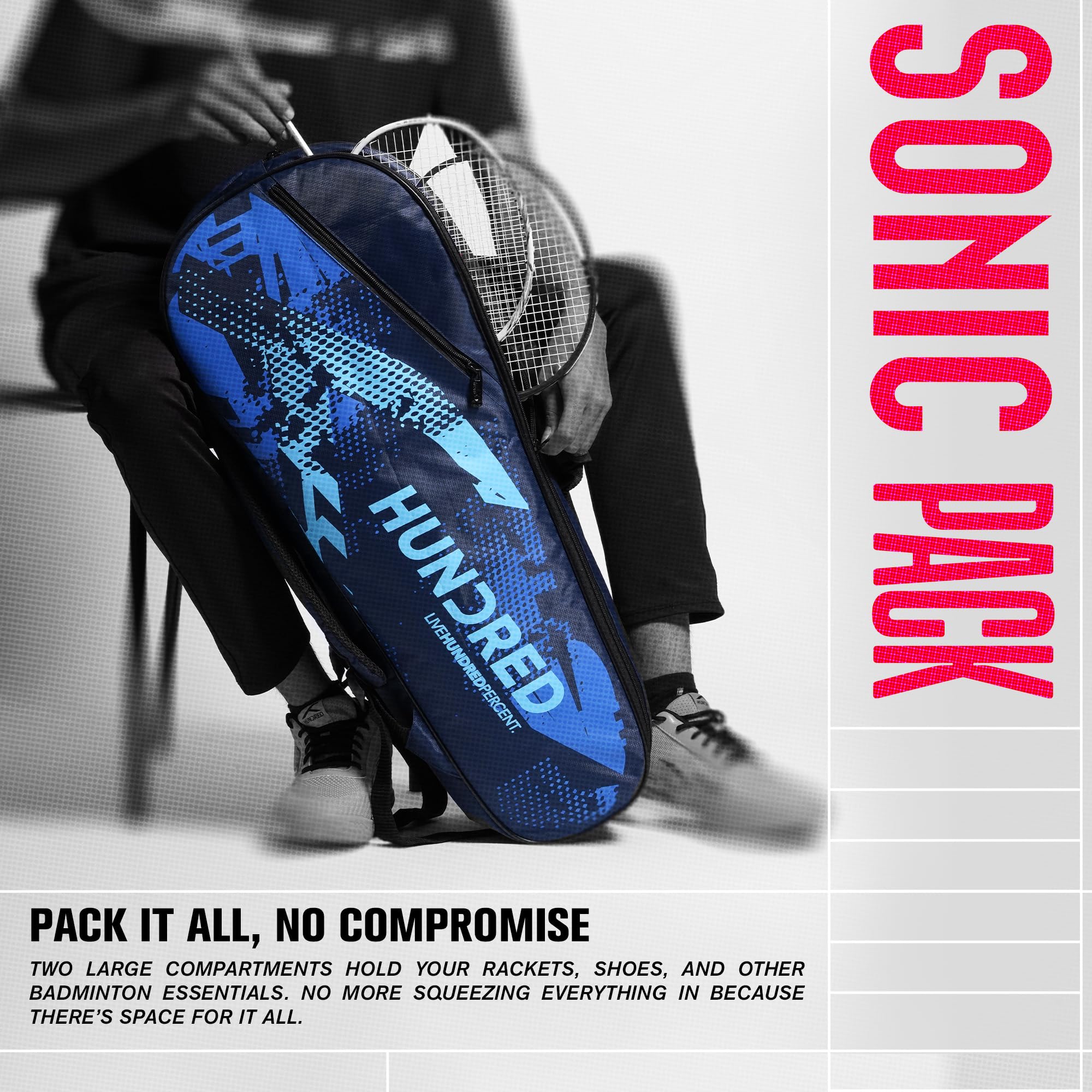 HUNDRED Sonic Pack Kit Bag | Geräumige Badminton-Schlägertasche mit Zwei großen Fächern für Schläger, Schuhe und Ausrüstung – Ideal für Sport, Fitnessstudio und Reisen | Unisex-Design | Marineblau