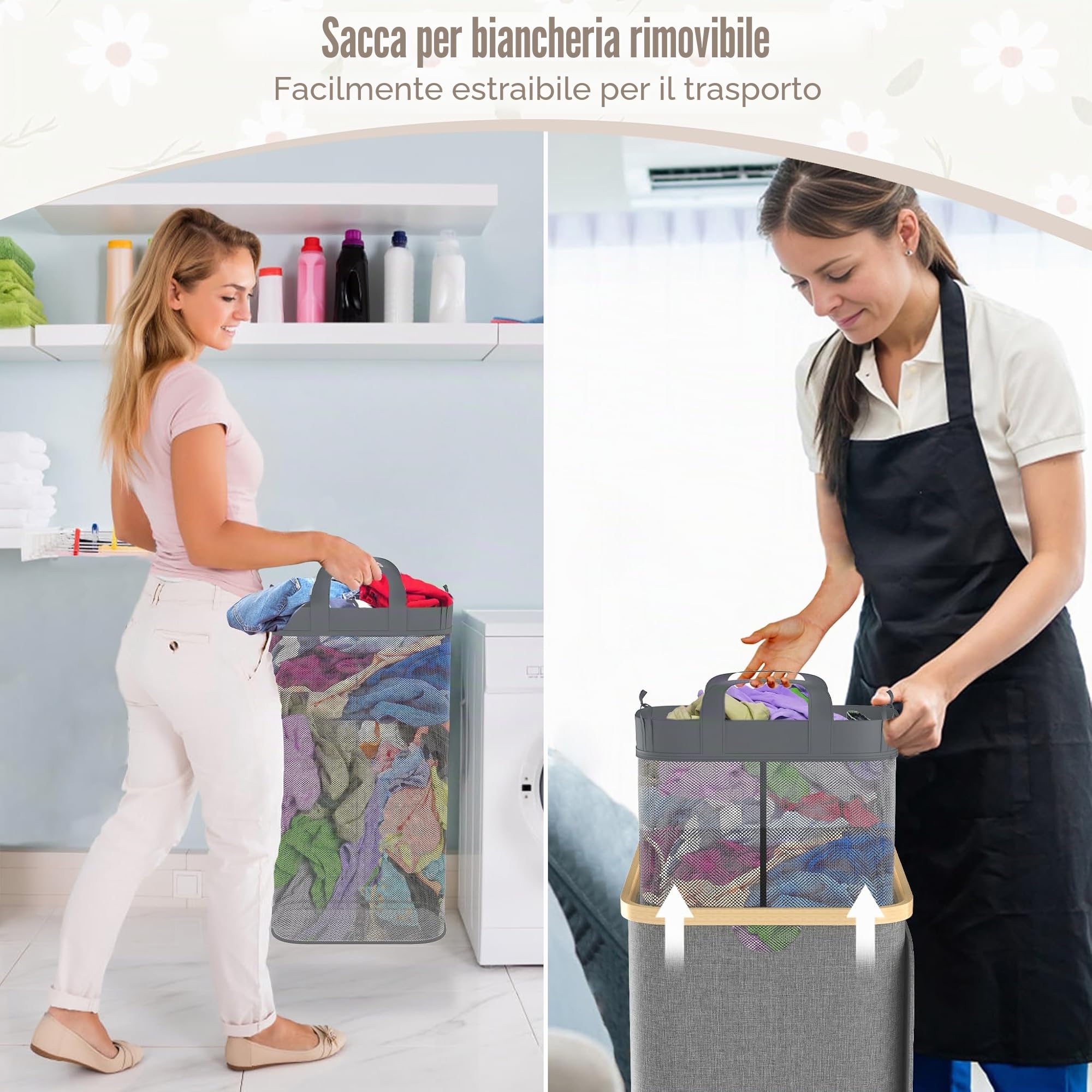 NAIZY Cesto portabiancheria con coperchio 140L, con 3 scomparti. Cesto per la biancheria lavabile e con maniglia estraibile, cesto portabiancheria rimovibile, separatore per biancheria, grigio