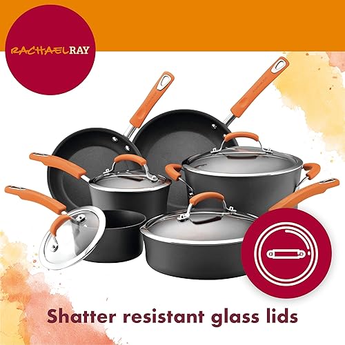 Miniatura 4 de Rachael Ray Brights Juego de utensilios de cocina antiadherentes de aluminio anodizado duro con tapas de cristal, juego de ollas y sartenes de 10
