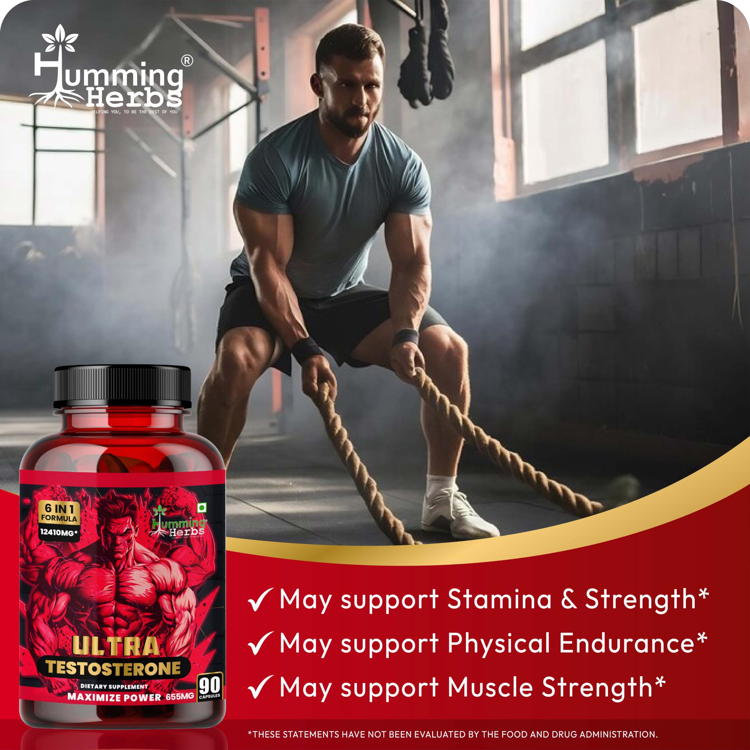 Humming Herbs Ultra Testosterone support for men| Muscle Growth, Energy and Performance with | Tongkat Ali, Tribulus,Arginine and Horny Goat Weed | | 6in1 | 12410 eqv |90 Capsules |, 80 grams — Amazon image 6