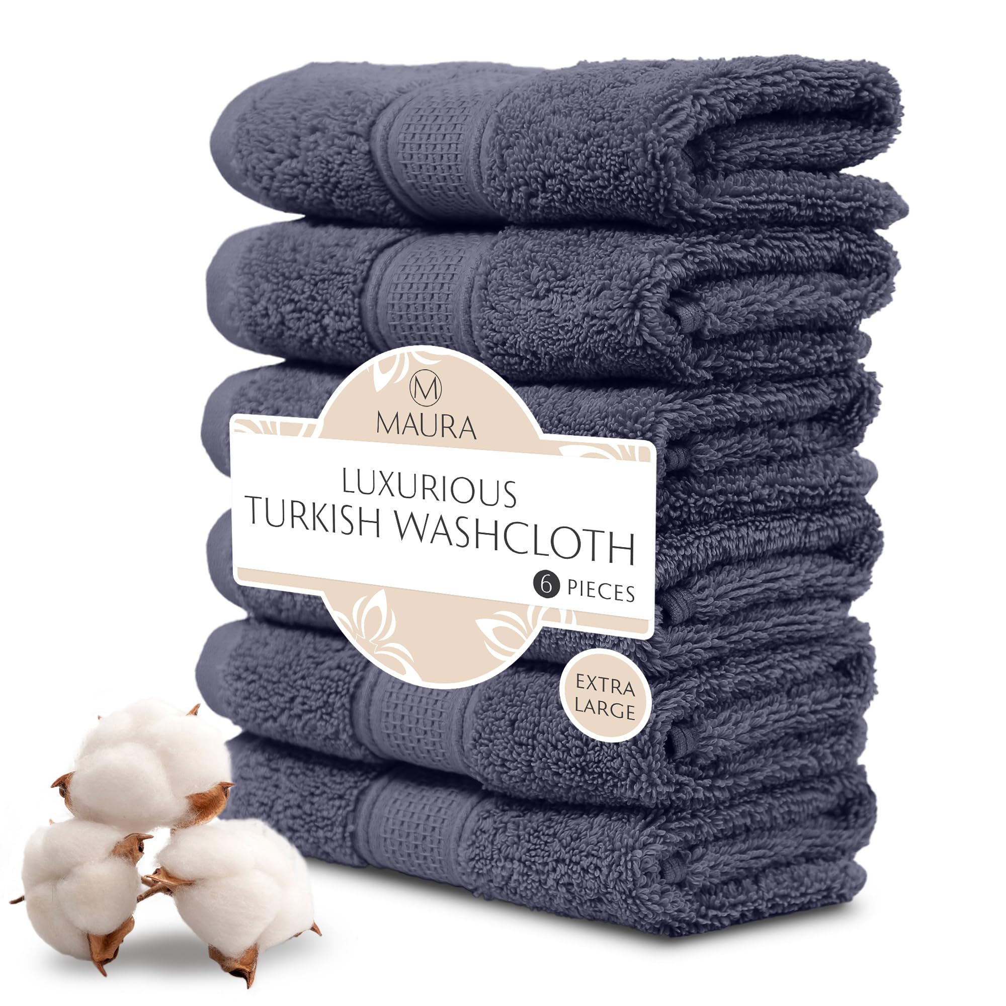 MAURA 6-Pack Premium Turkish Washcloth Set - Ultimate Luxury with Soft, Thick, Super Absorbent, and Oversized Cotton Face Towels - Ideal for a Hotel & Spa Quality Experience in Classic Denim Blue