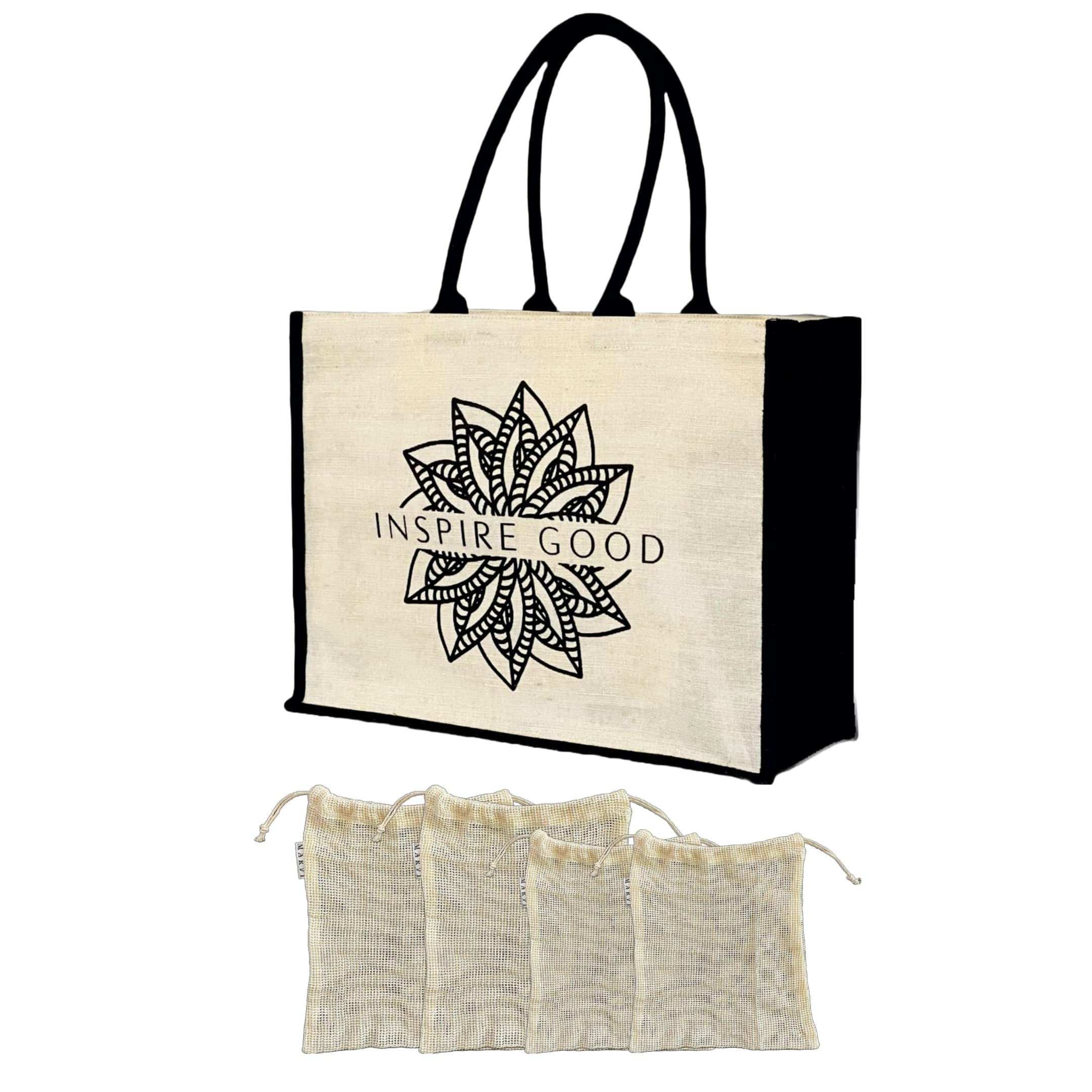 MARVI TOTE BAG - Juco/Burlap Shopping, Beach, Travel Bag, Gift | Eco-friendly, Reusable | Cotton Mesh Drawstring Grocery Bags
