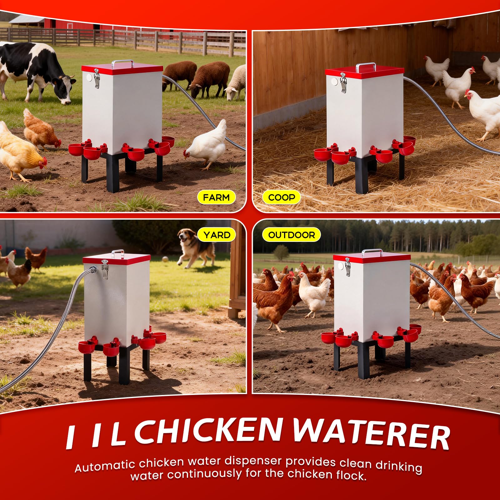 Bebedero automático para pollo de 12 litros con 6 vasos para bebedero automático para pollos, bebedero automático para pollos de acero inoxidable y pollitos para pollo, pato, ganso, pavo