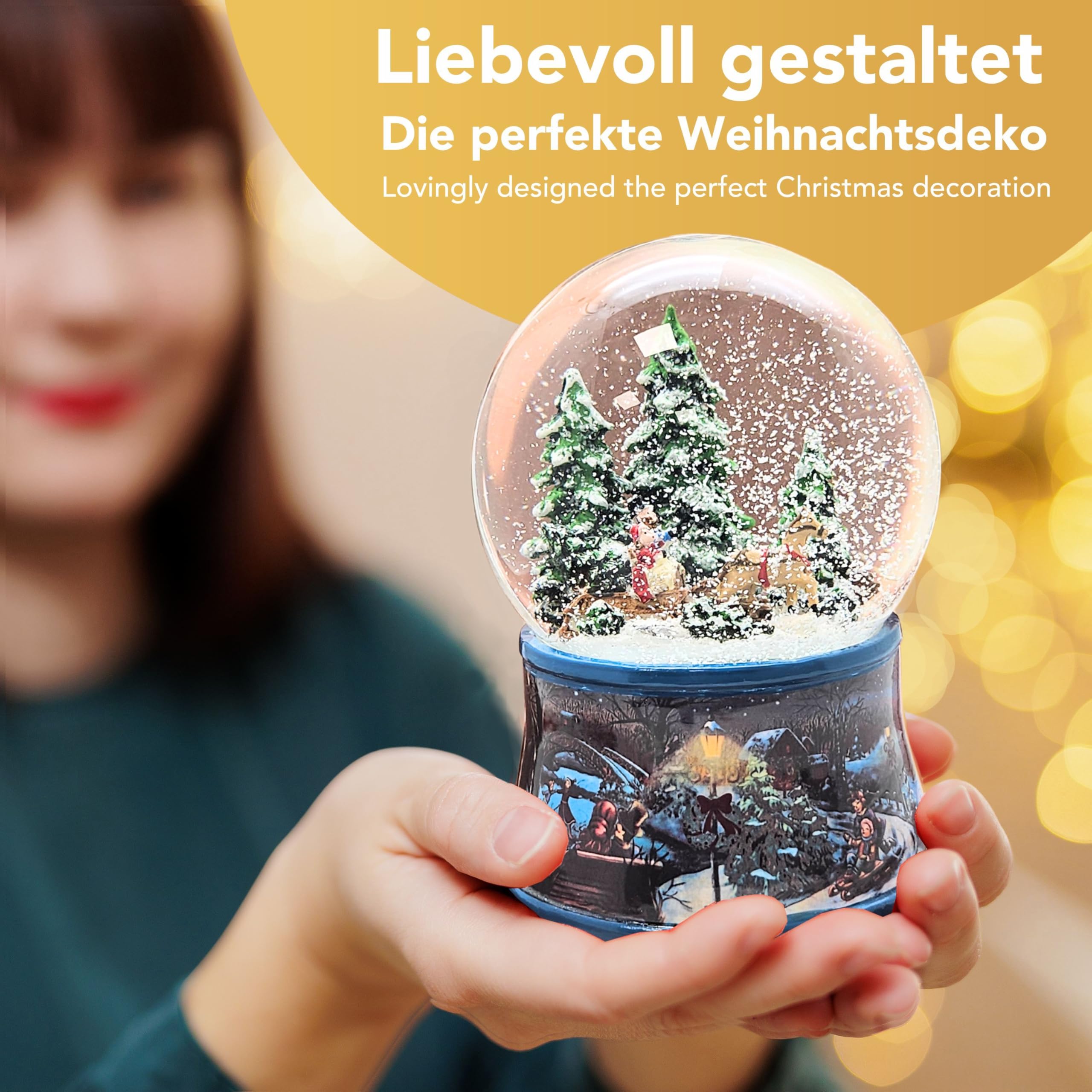 Schneekugel Schlittenfahrt mit Pferdekutsche * auf Sockel nostalgische Winterlandschaft dunkelblau Eisläufer Weihnachten Winter mit Spieluhr - 100mm breit | 20091
