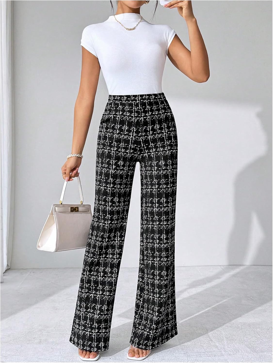 Floerns Women's Plaid Flare Pants Elastic High Waisted Bell Bottom Old Money Trousers Business Casual Outfits - Image 5