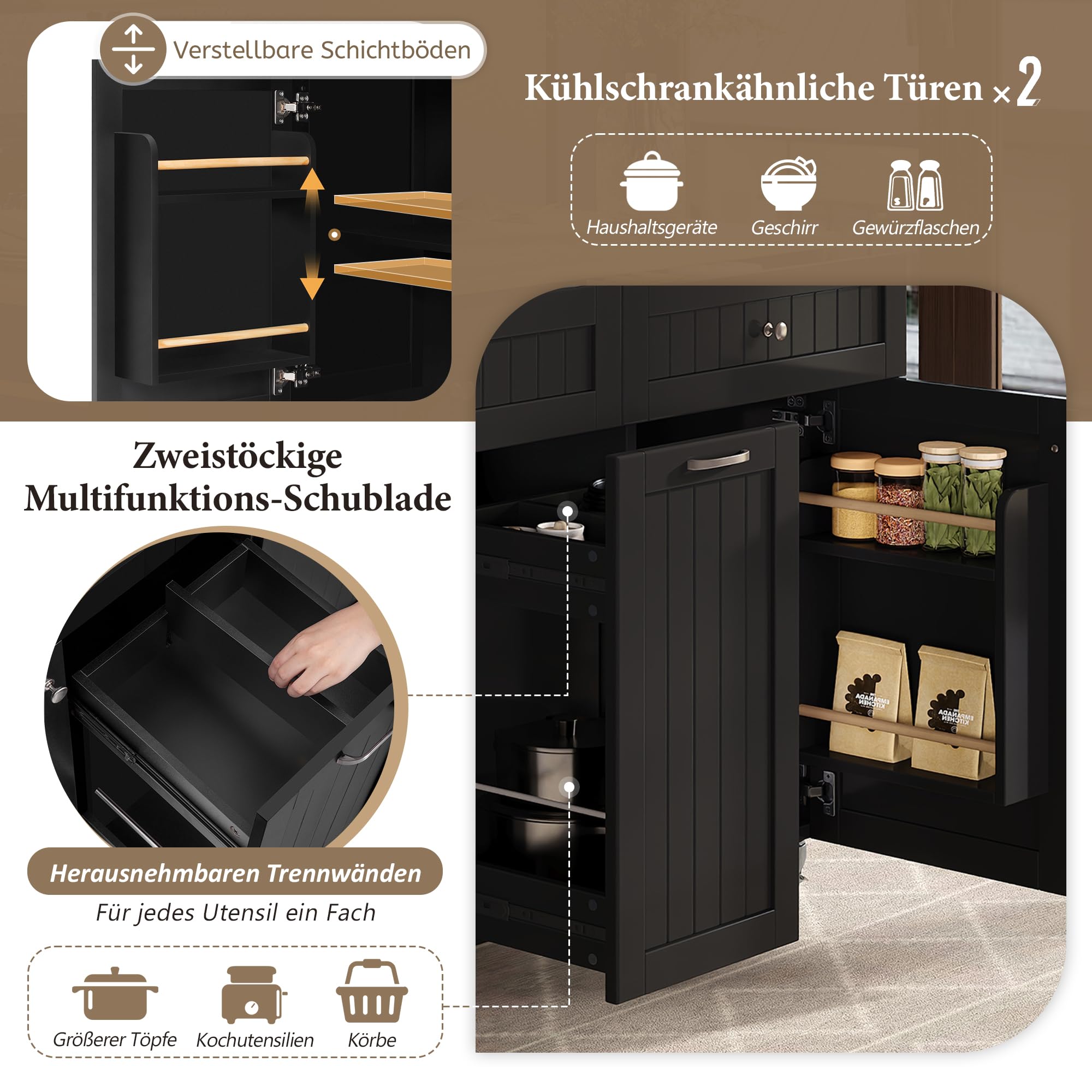 Isola da cucina mobile, carrello da cucina, tavolo da pranzo estensibile, armadio da cucina con ripiani regolabili a strati, scaffale per spezie e vari cassetti, 5 ruote, 140 x 40-70 x 92 cm