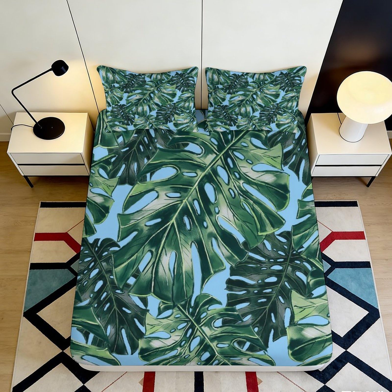 Pnayamiorkfel Style-1 3D Printed Monstera Leaf Fitted Sheet Microfiber Bedroom Decor Tropical Plant Mattress Cover For Home Guest Room Dorm 90X200x25cm