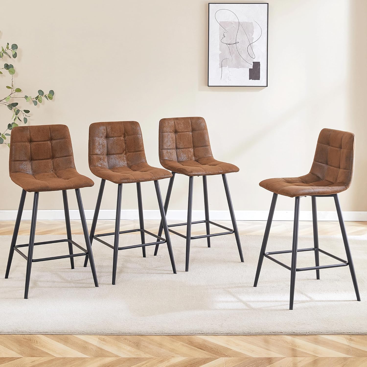 JUFU Bar Stools Set of 2, 24 Inch Counter Height Chairs with Modern Design, Durable Metal Frame, Ergonomic Brown Fabric Seats, Great for Young Families, Fits Home Bars and Kitchen Islands
