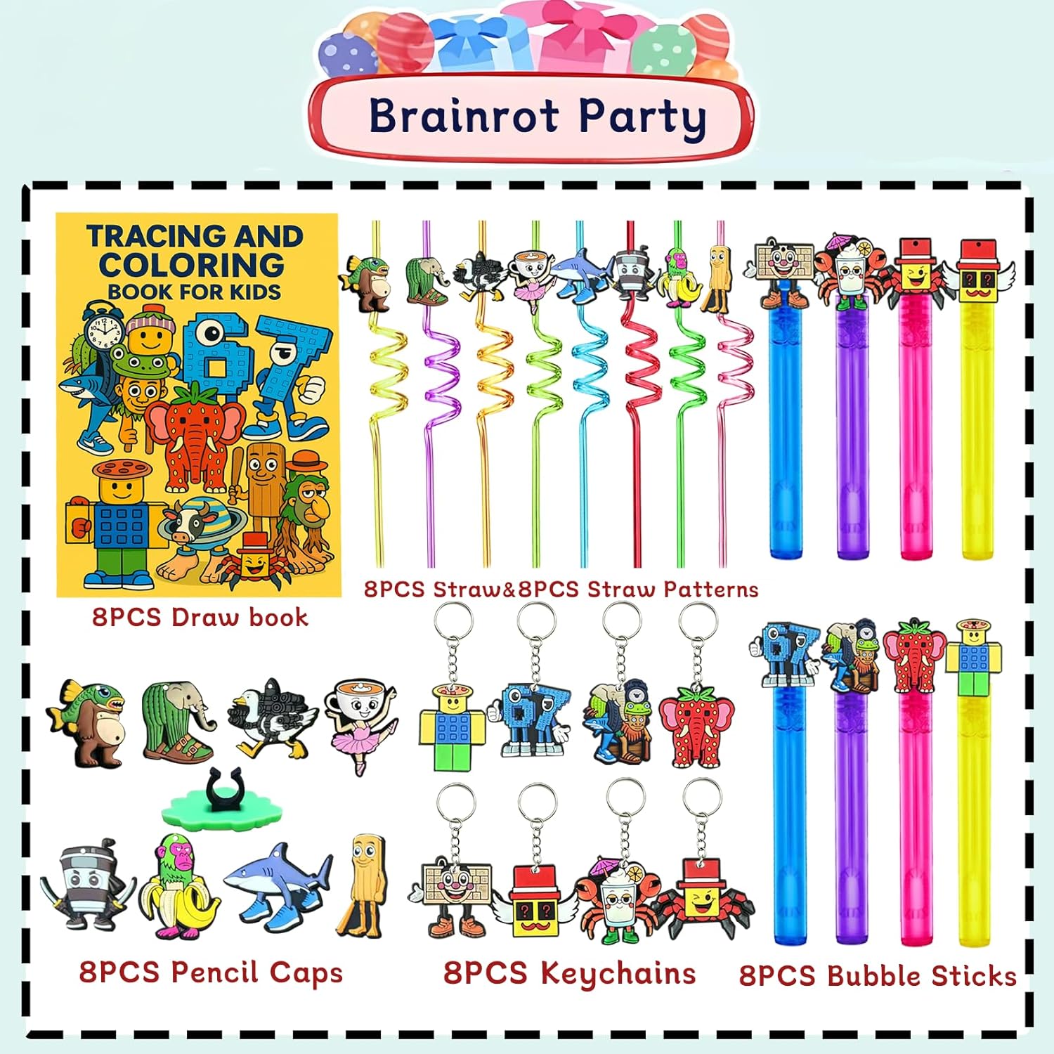 Brainrot Party Pack – 40PCS Italian Brainrot Party Favors Set with Coloring & Tracing Books, Bubble Sticks, Spiral Straws, Keychains and Pencil Toppers