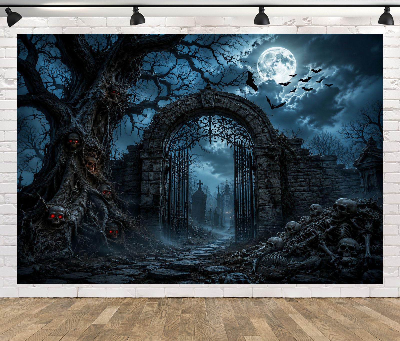 BELECO 4.6x3m Tessuto Sfondo Halloween Cancello Cimitero Spettrale | Albero Con Teschi Cimitero Spaventoso Porta Di Ferro Scheletro Teschio Luna Piena Pipistrello Notte Nebbiosa Telo Di Sfondo