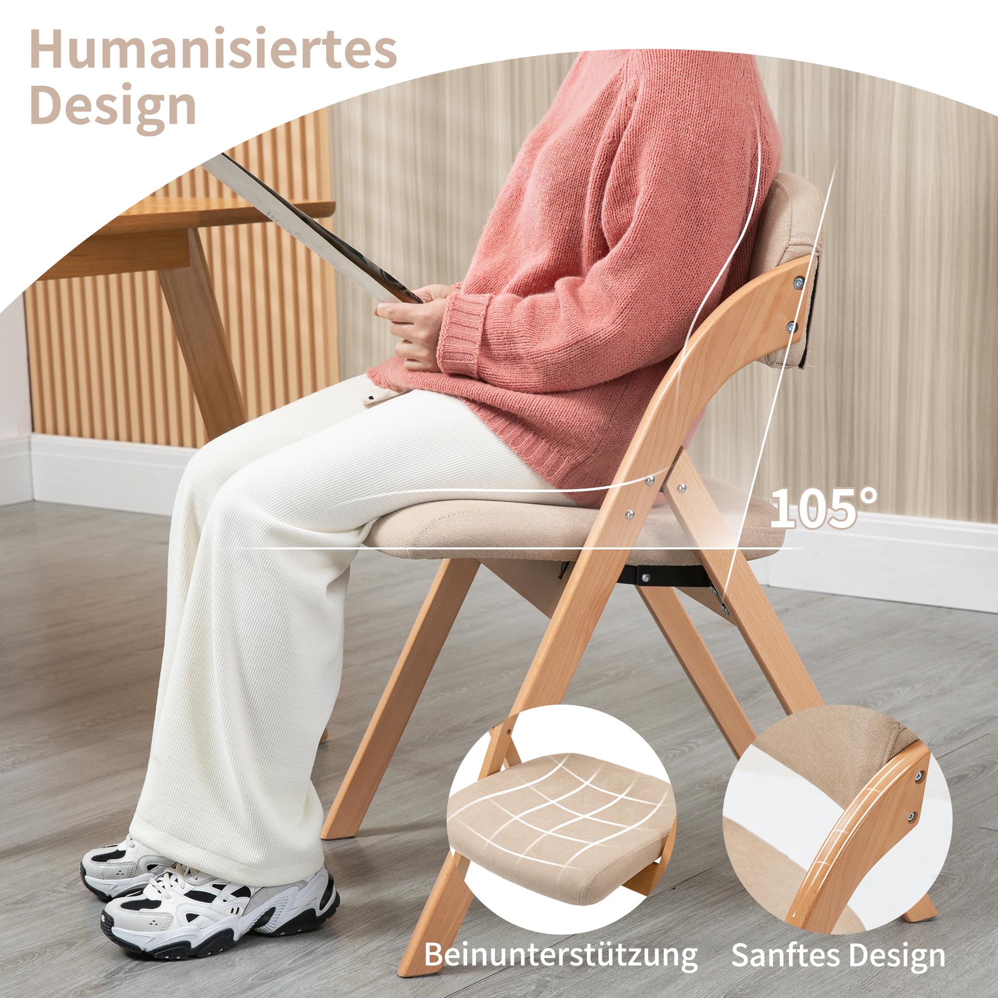 Klappstühle Set aus 2 stapelbaren Holz-Esszimmerstühlen mit gepolsterten Sitzen und abnehmbarem Bezug