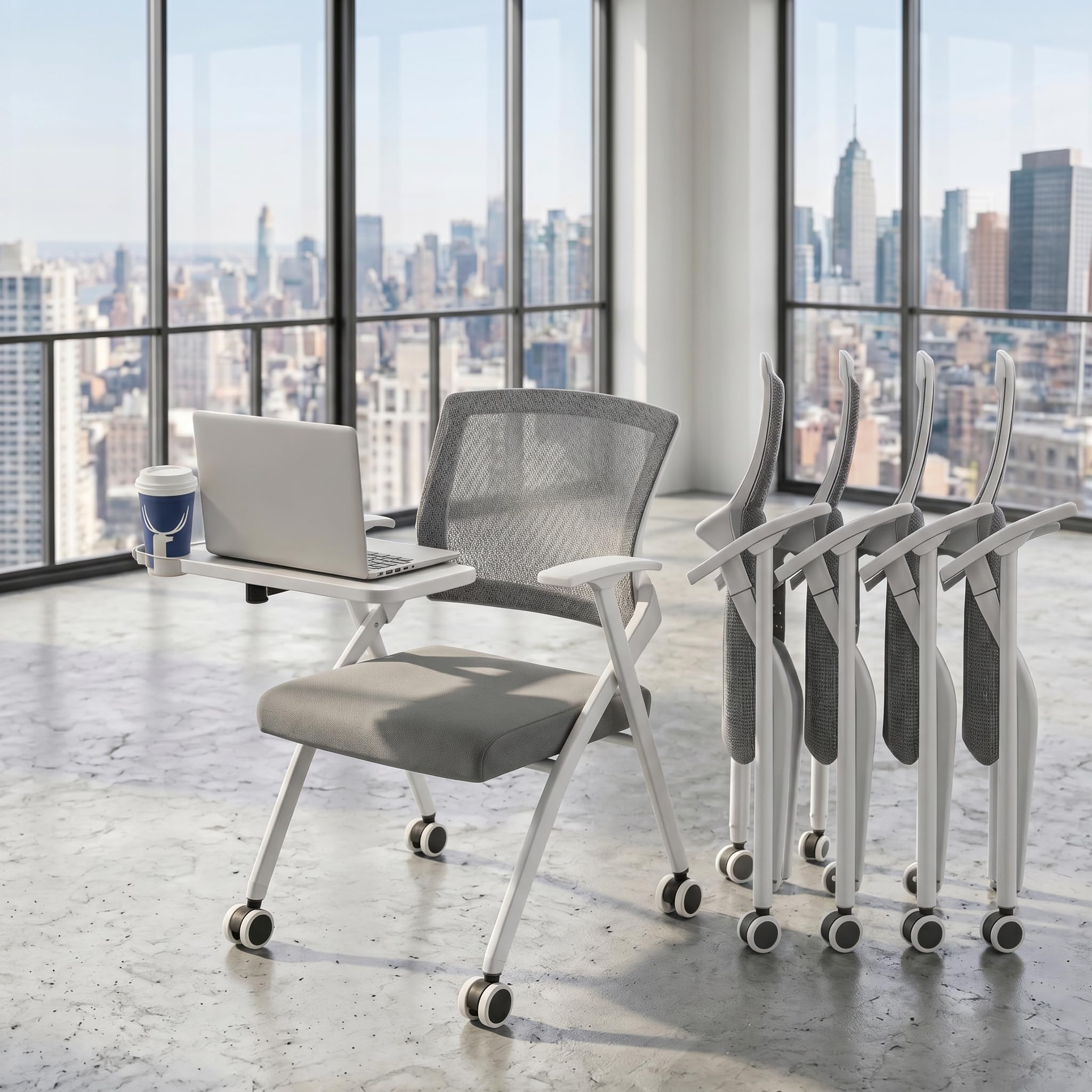 Folding Training Chairs with Desk Attached, Office Meeting Chair with Writing Tablet &amp; Cup Holder, Space-Saving Nesting Stackable Chairs with wheel for Conference Room,Seminar, Classroom Chair,Gray∰wh