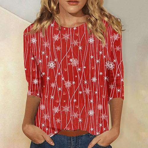 Miniatura 3 de Camisas de Navidad para mujer, a la moda, casual, cuello redondo, manga 34, holgada, con estampado de Navidad