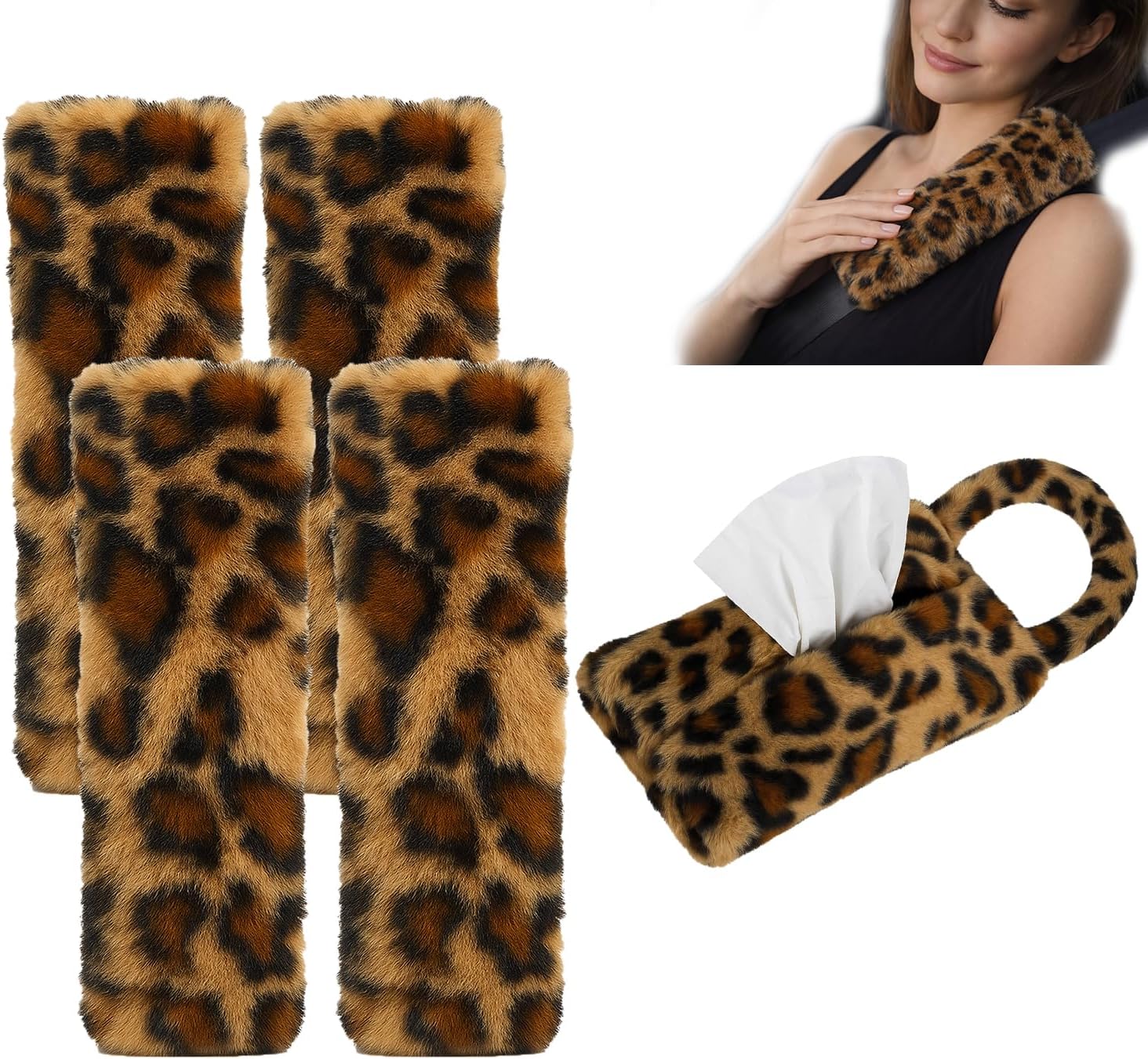 Galatee Leopard Print Seatbelt Covers – High-Density Faux Fur, Thick Cushion Padding, Helps Reduce Neck & Shoulder Irritation, Helps Relieve Driving Fatigue, Gift Idea