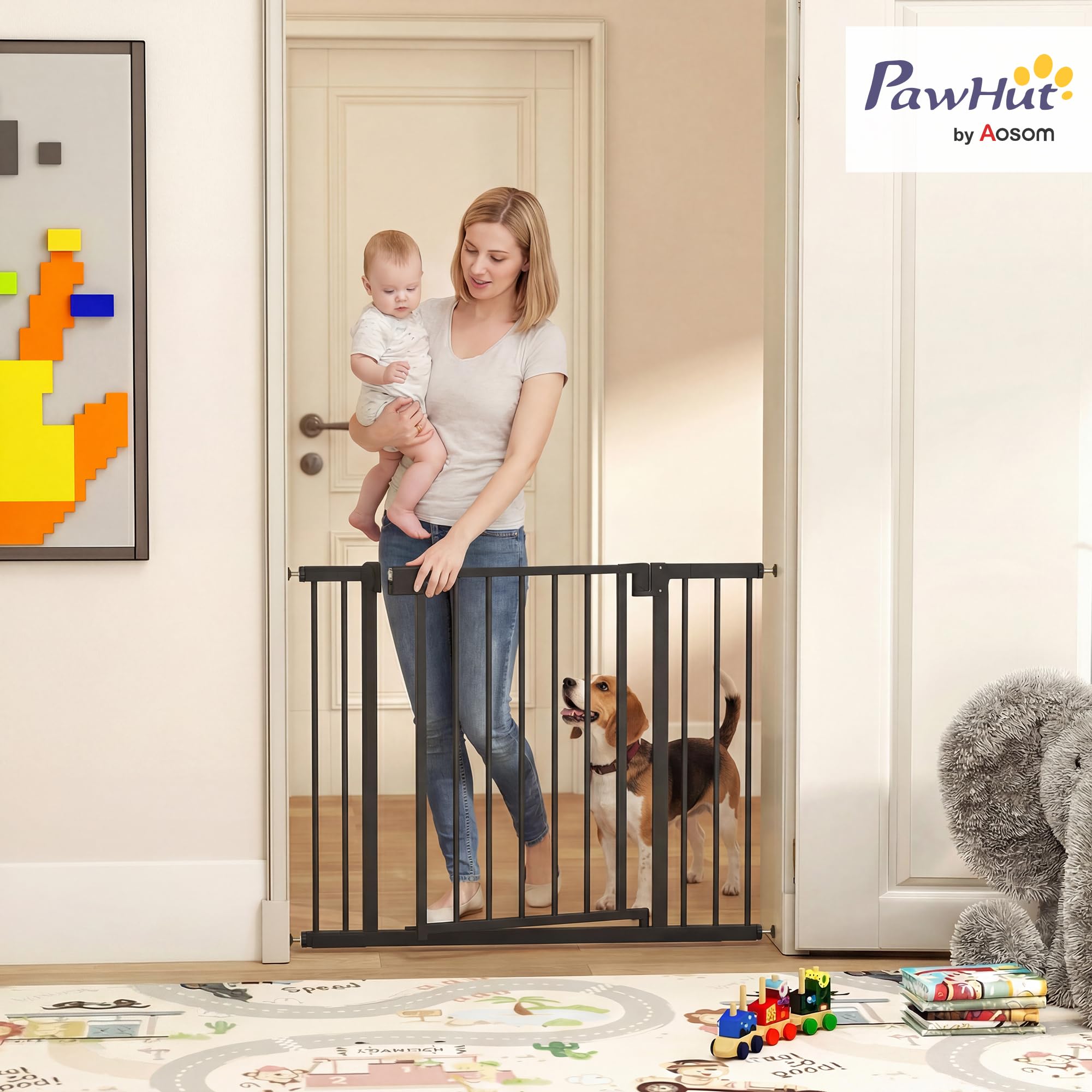 PawHut Puerta bebé 30"-40" 30" H Puerta Mascotas Cierre automático, Negro