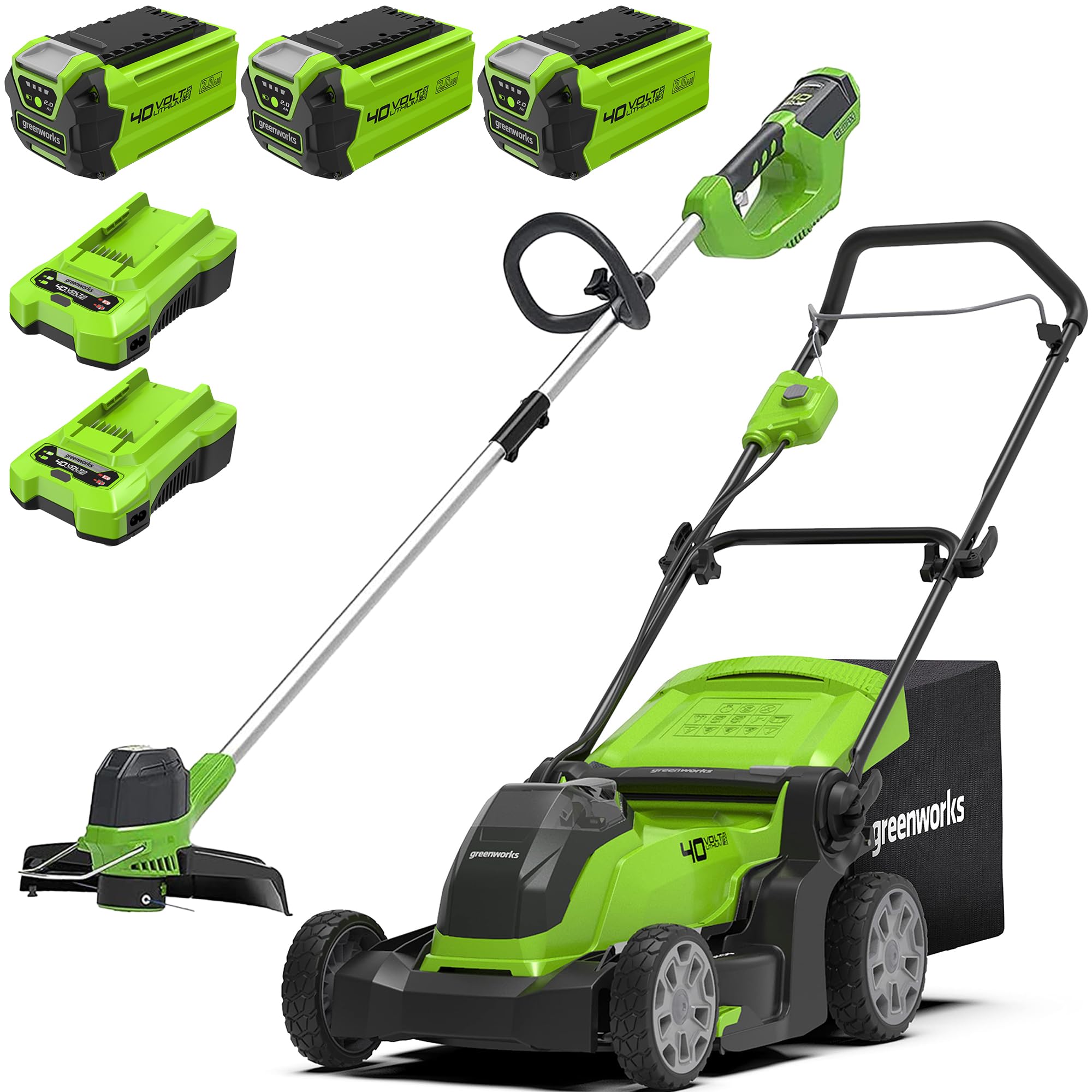 Greenworks G40LM41K2X Tondeuse à Gazon sans Fil pour Pelouses Jusqu'à 500m², Largeur de Coupe 41 cm, Sac de 50L & G40LTK2 Coupe Bordure sans Fil pour Jardins Moyens, Largeur de Coupe de 30 cm