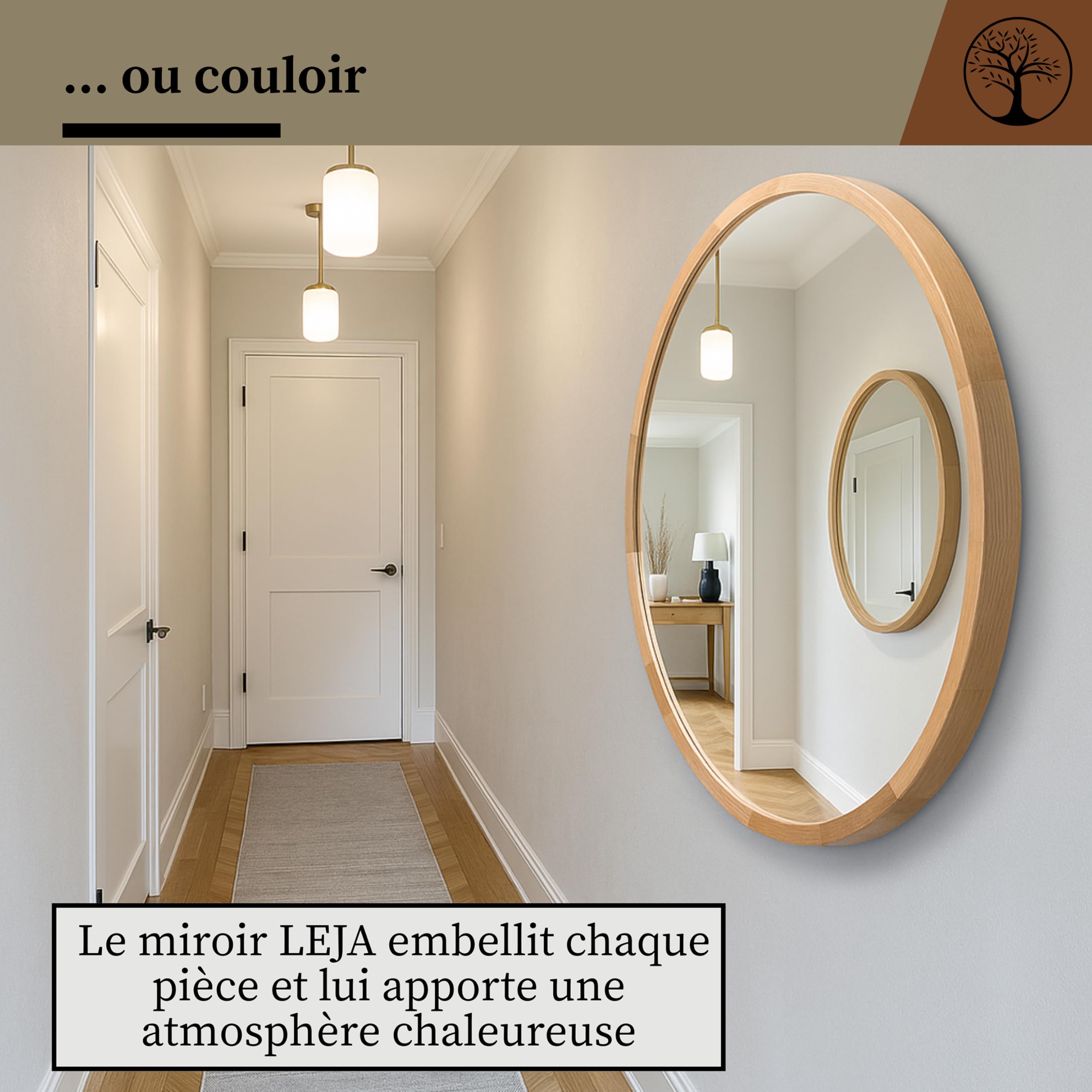 LEJA – Miroir Mural Rond, Cadre en Bois (∅80 cm), chêne – pour Salle de Bain, entrée, Salon, Chambre