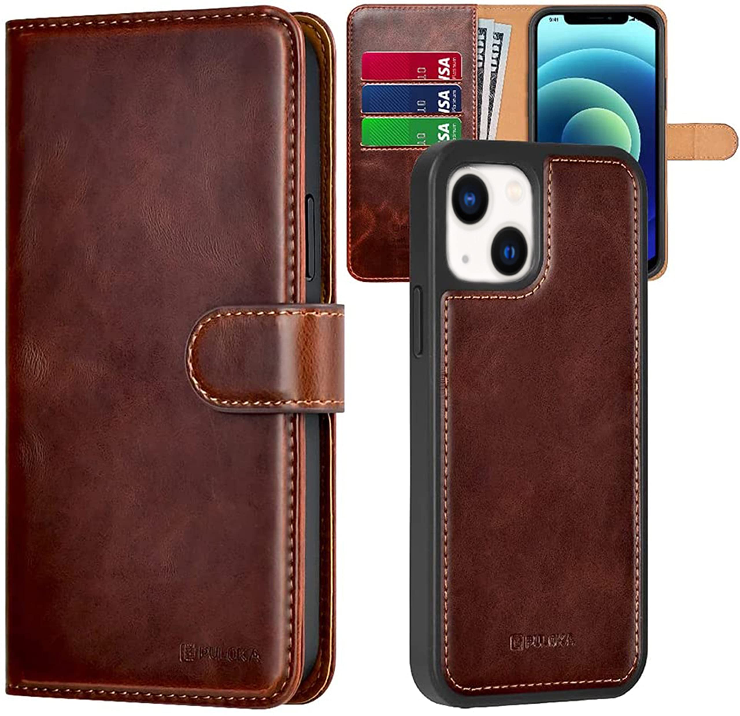 PULOKA - 2 in 1 Flip Cover for iPhone 14 Plus - Protective Case with Card & Cash Pockets - Detachable Flip Case, Kickstand & Magnetic Closure - Profesional & Premium Leather Finish Look -Brown (B0BNF1WGK6) Amazon Price History, Amazon Price Tracker