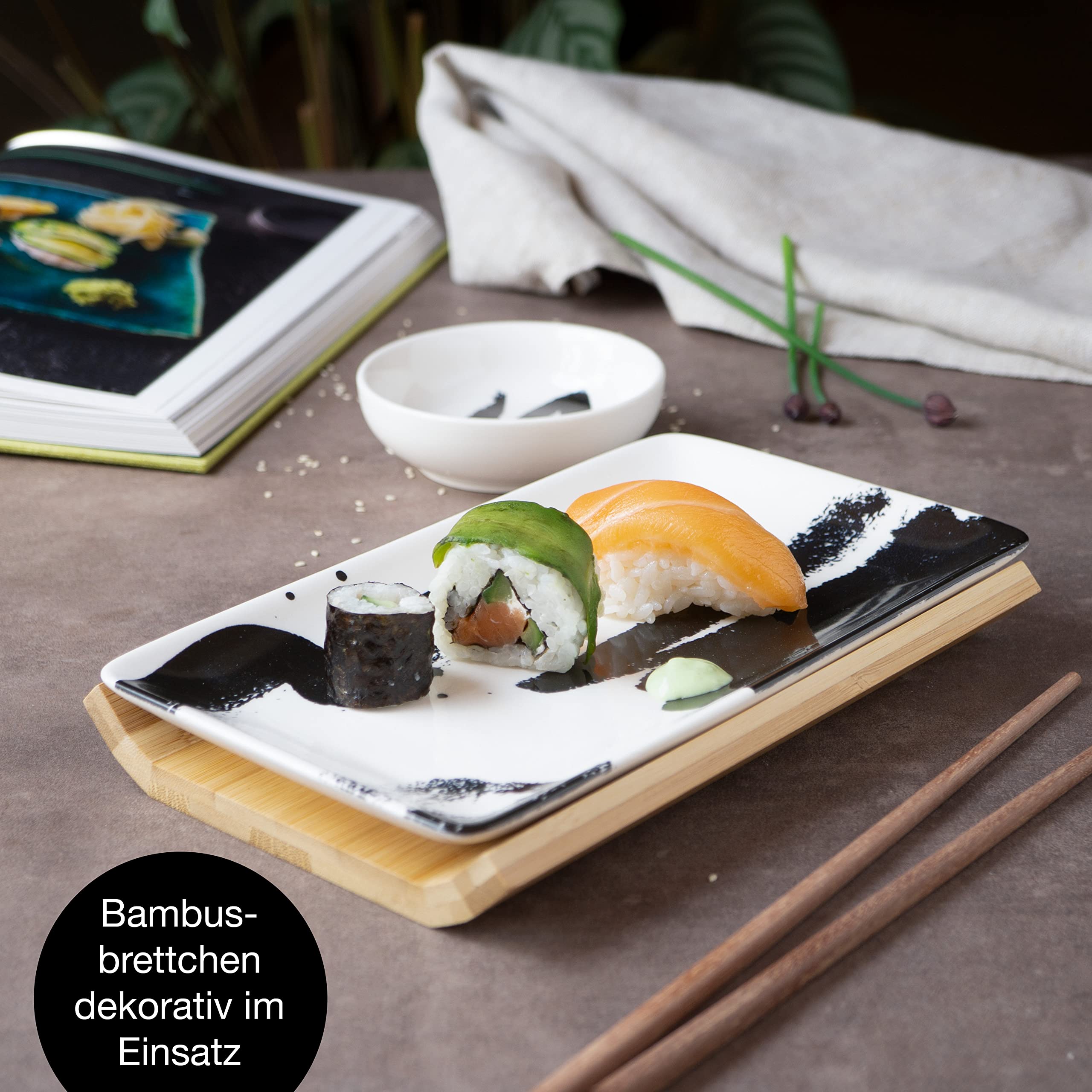 Moritz & Moritz 8-tlg. Sushi Geschirr Set für 2 Personen - Sushi Servierset mit 2x Sushi-Teller, Dip-Schälchen und Stäbchen
