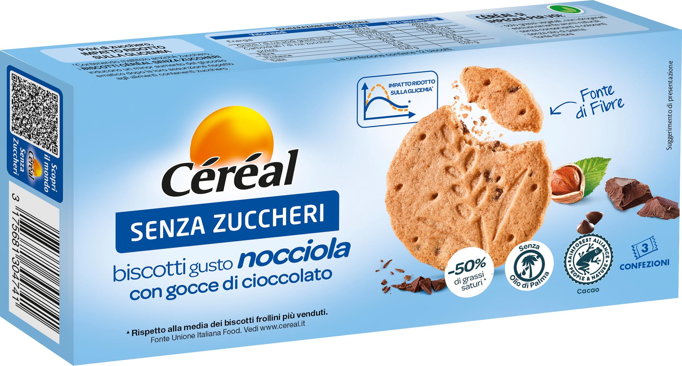 Céréal | Biscotti Gusto Nocciola con Gocce di Cioccolato Senza Zuccheri, Ricco di Fibre, 132G