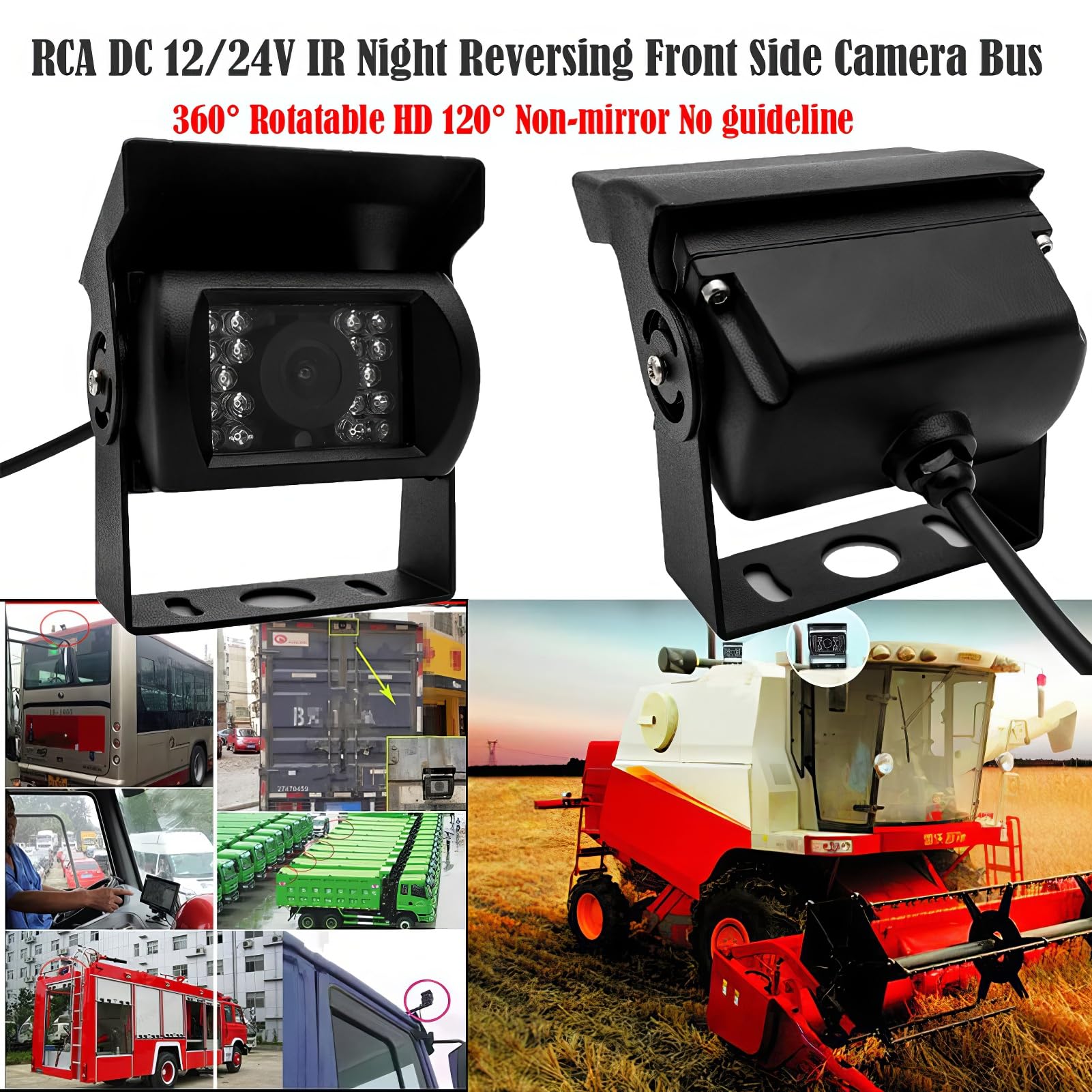 Riloer Telecamera di retromarcia per auto, telecamera di backup HD 9V-36V, telecamera CCD con vista frontale impermeabile per camion rimorchio autobus, con 18 LED a infrarossi per visione notturna