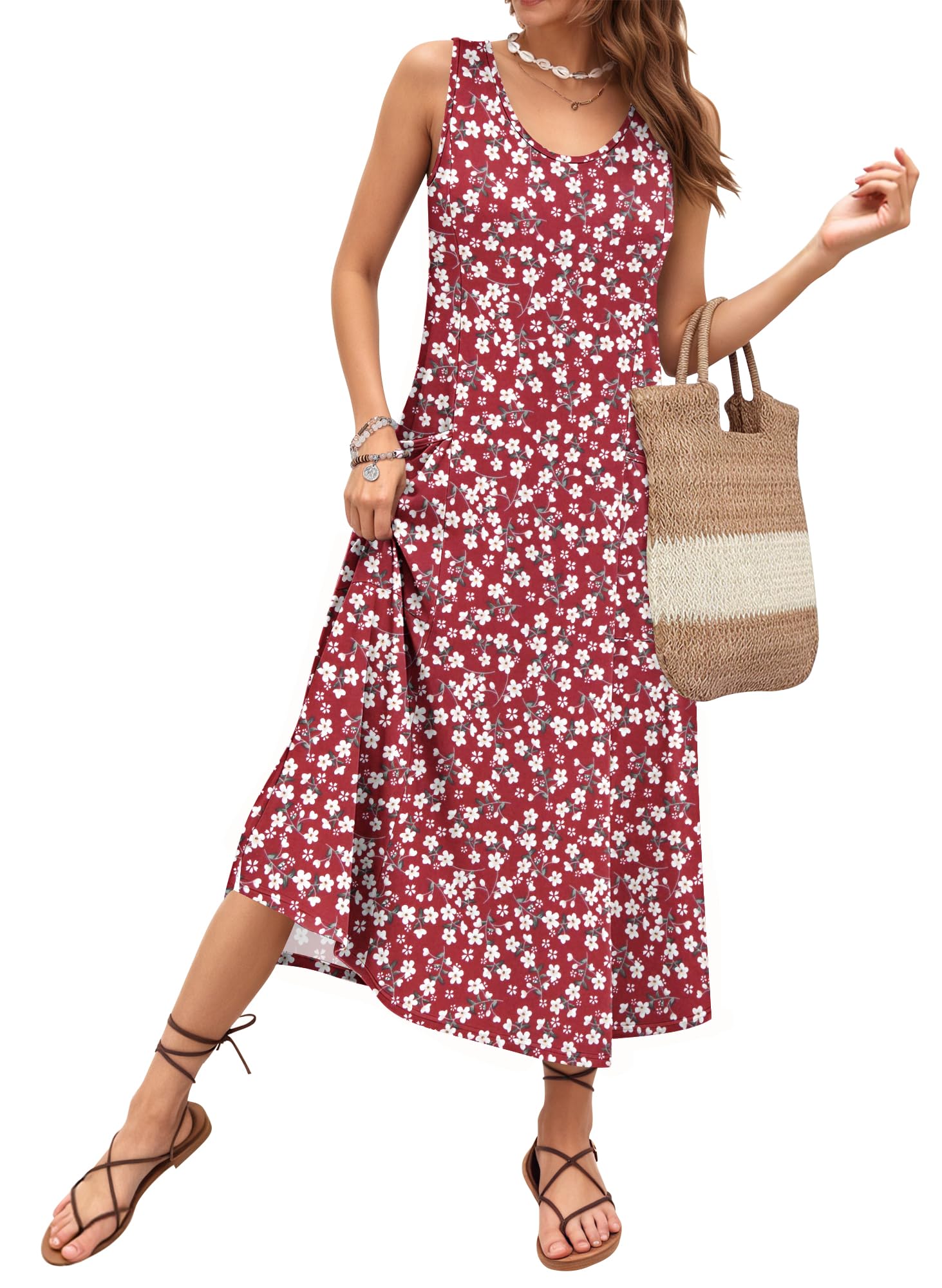 AUSELILY Sommerkleid Damen Lang Ärmellose Lockeres Maxikleider Damen Sommer U-Ausschnitt A Linien Strandkleid Damen Luftig Urlaubskleid mit Taschen