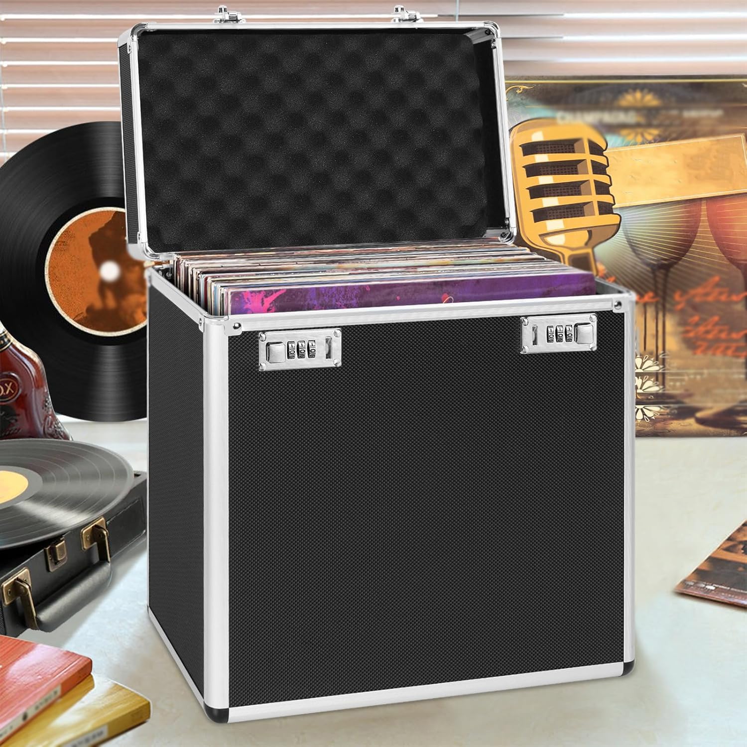 OUTMEE Valigetta in vinile per circa 50 LPs, design in lega di alluminio, nera, 340x365x205 mm