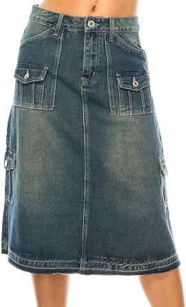 Womens Juniors/Plus Size Calf - Length Stretch Denim Cargo Style Skirt 79143