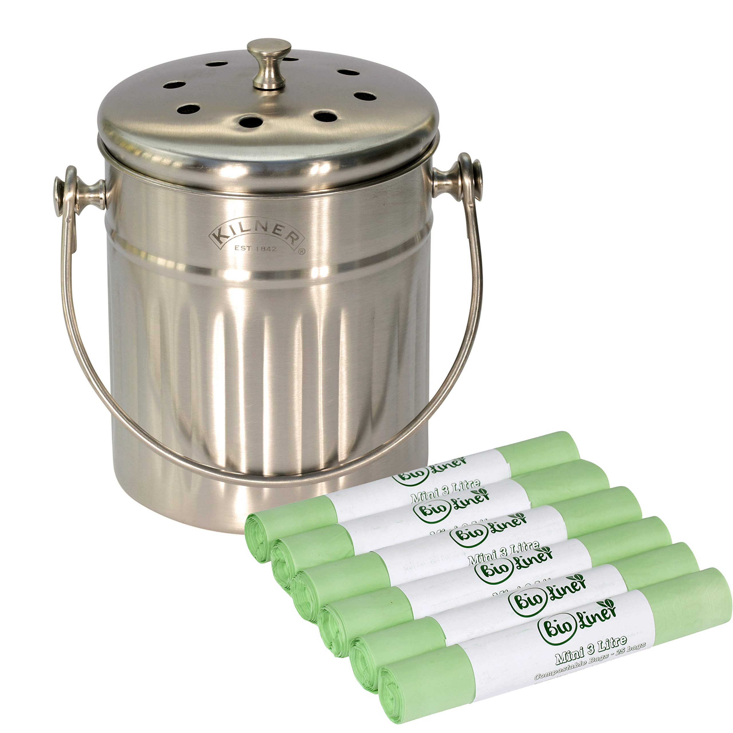 All-Green Silver 2 Litre, Stainless Steel Compost Caddy/Kitchen Food Waste Bin & 150 X 3L Compostable Bags- 2L Brushed Stainless Steel