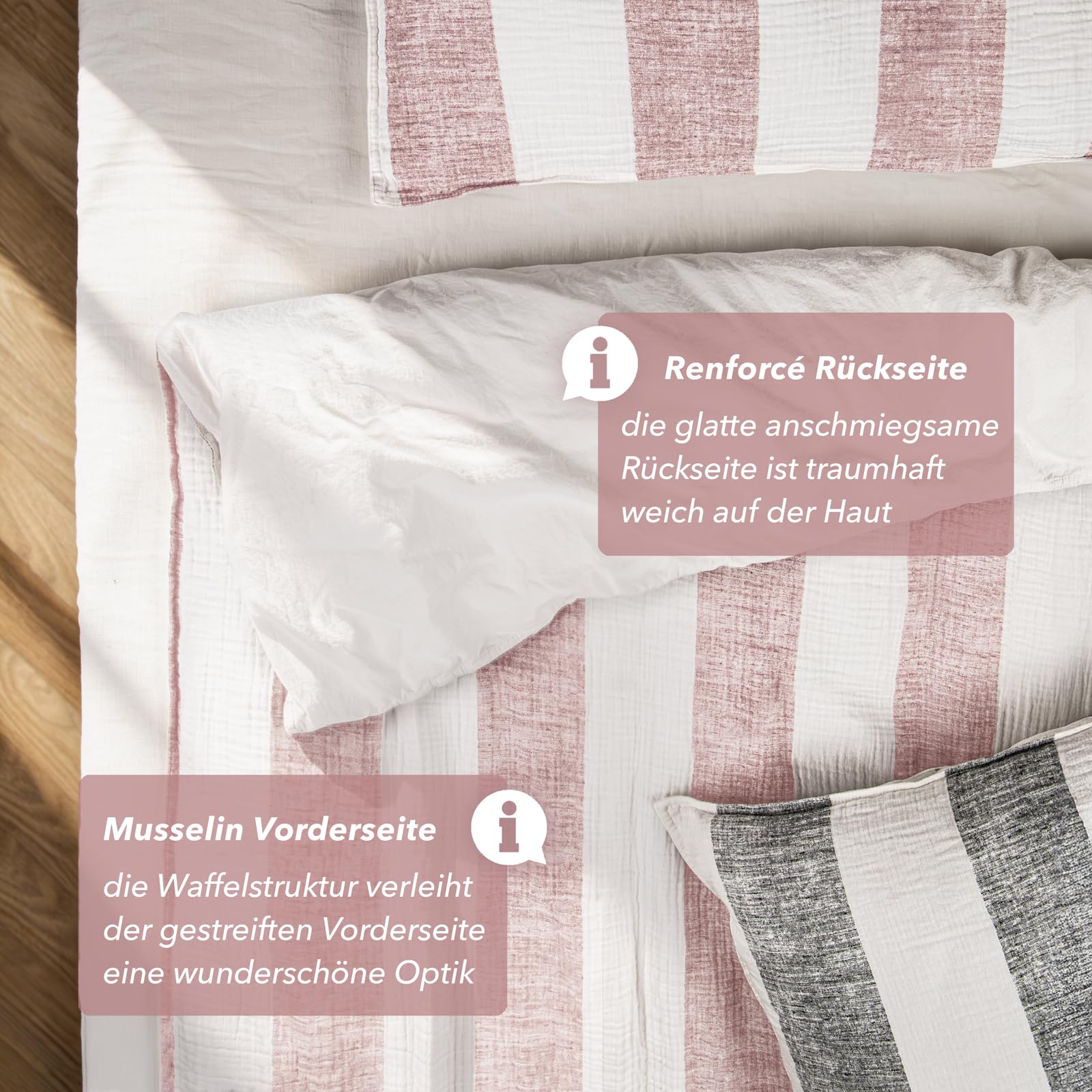 Pure Label Musselin Bettwäsche 135x200 Baumwolle, gestreiftes Bettwäsche Set Mauve mit Kissenbezug 80x80, anschmiegsame Baumwoll-Rückseite - 5