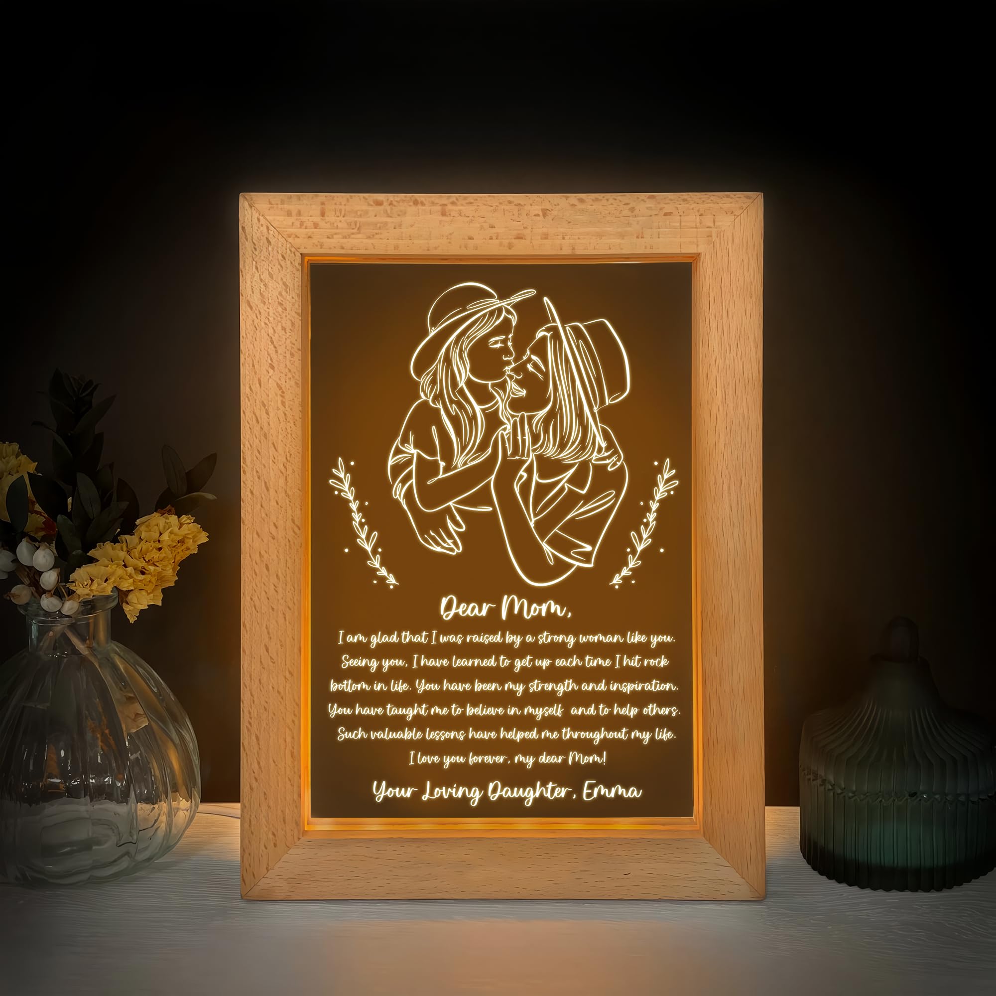 Fastpeace Perrsonalized LED Light Frame with Heartfelt Message for Mom, Letter For Mom Floral Design Wooden Frame, Illuminated Letter Display Mother's Day, Birthday Gift, Custom Your Message, Name