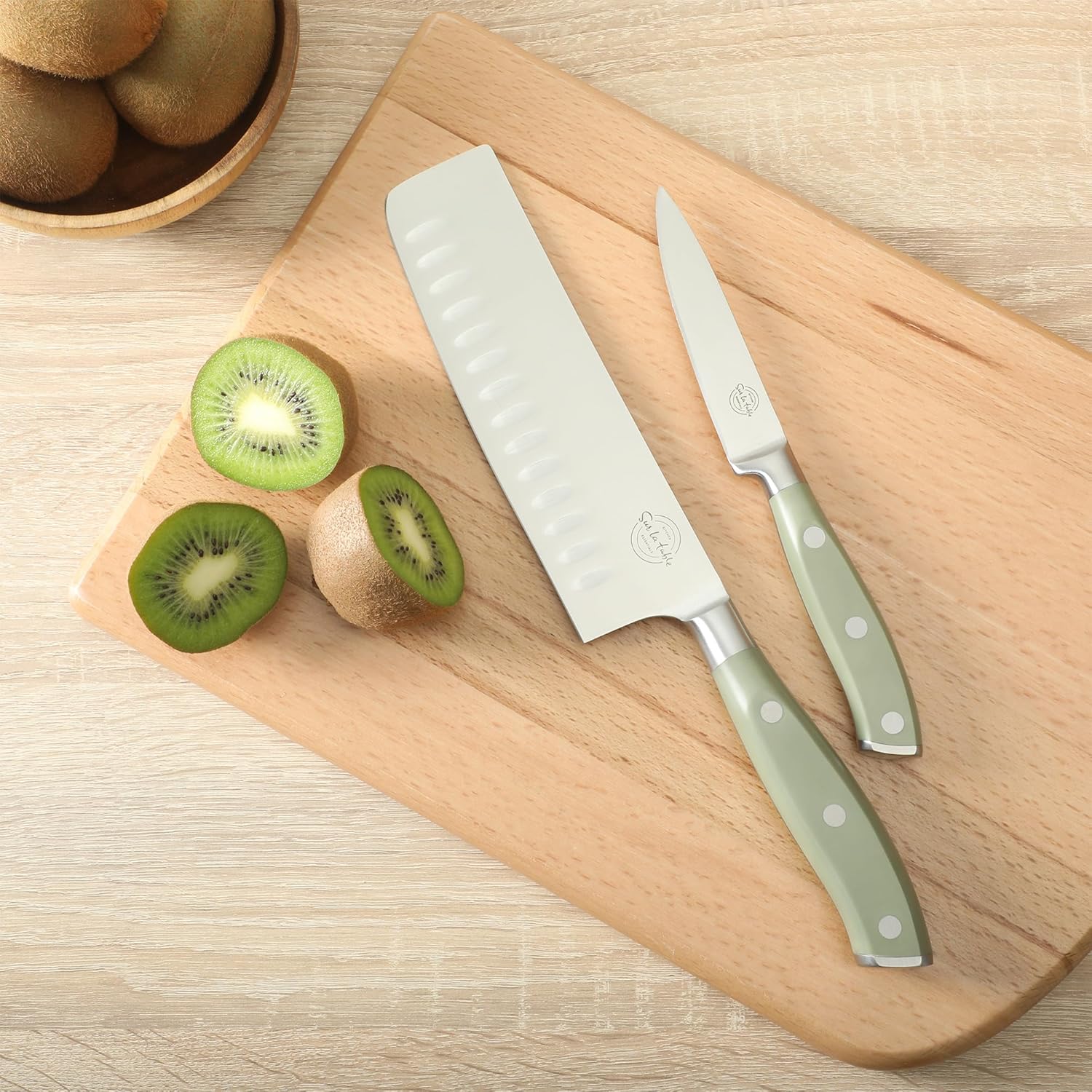 Sur La Table Kitchen Essentials Sur La Table Kitchen Essentials 5 Piece German Steel Blade With Triple Riveted Handle Set on Beechwood Magentic Block - Juniper Green
