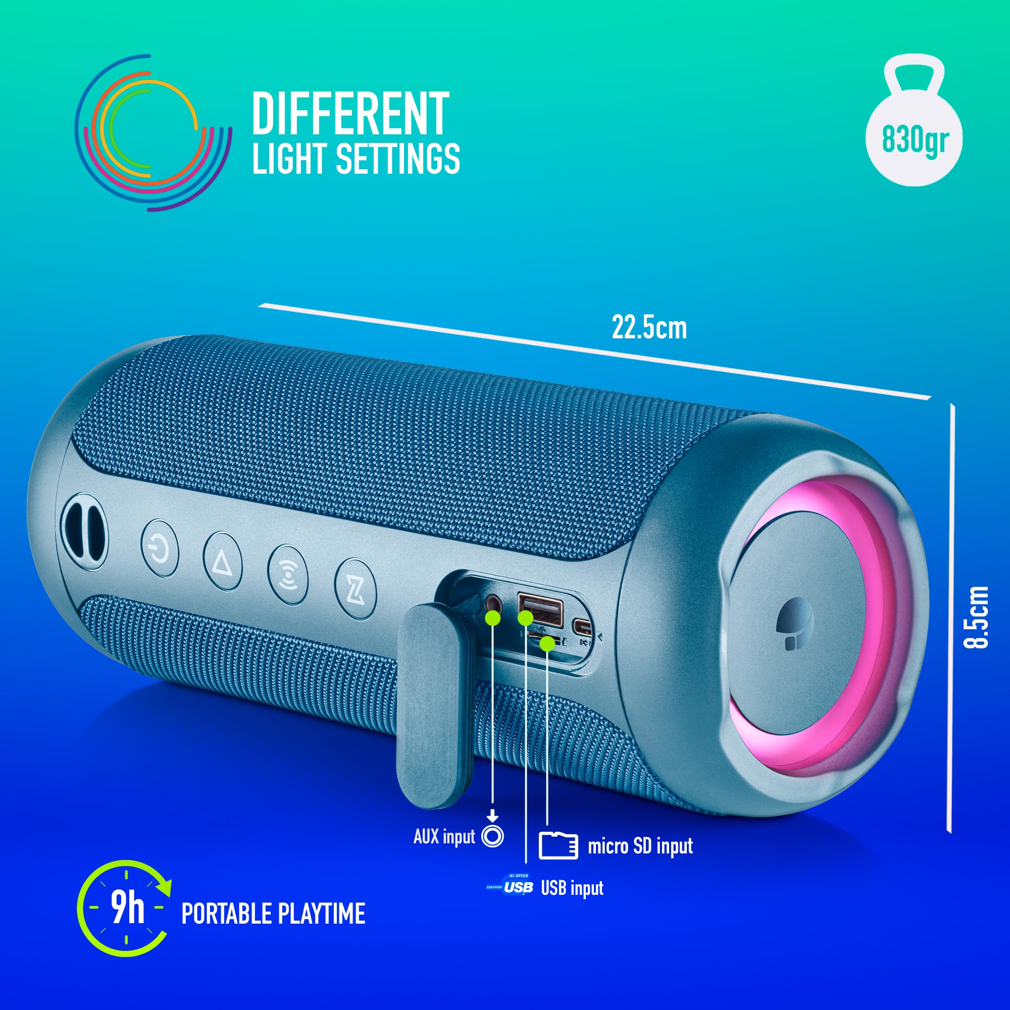 NGS Roller Furia 3 Blue - Altoparlante Wireless Compatibile con Bluetooth, Impermeabilità IPX7, 60 W, True Wireless, USB, Durata Batteria 9 Ore, Blu