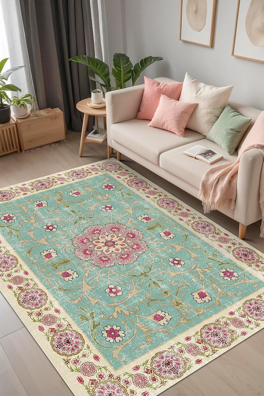 Visina Vintage Desenli Şönil Pamuk Tabanlı Yıkanabilir Kaymaz Antibakteriyel Salon Halısı 160x230