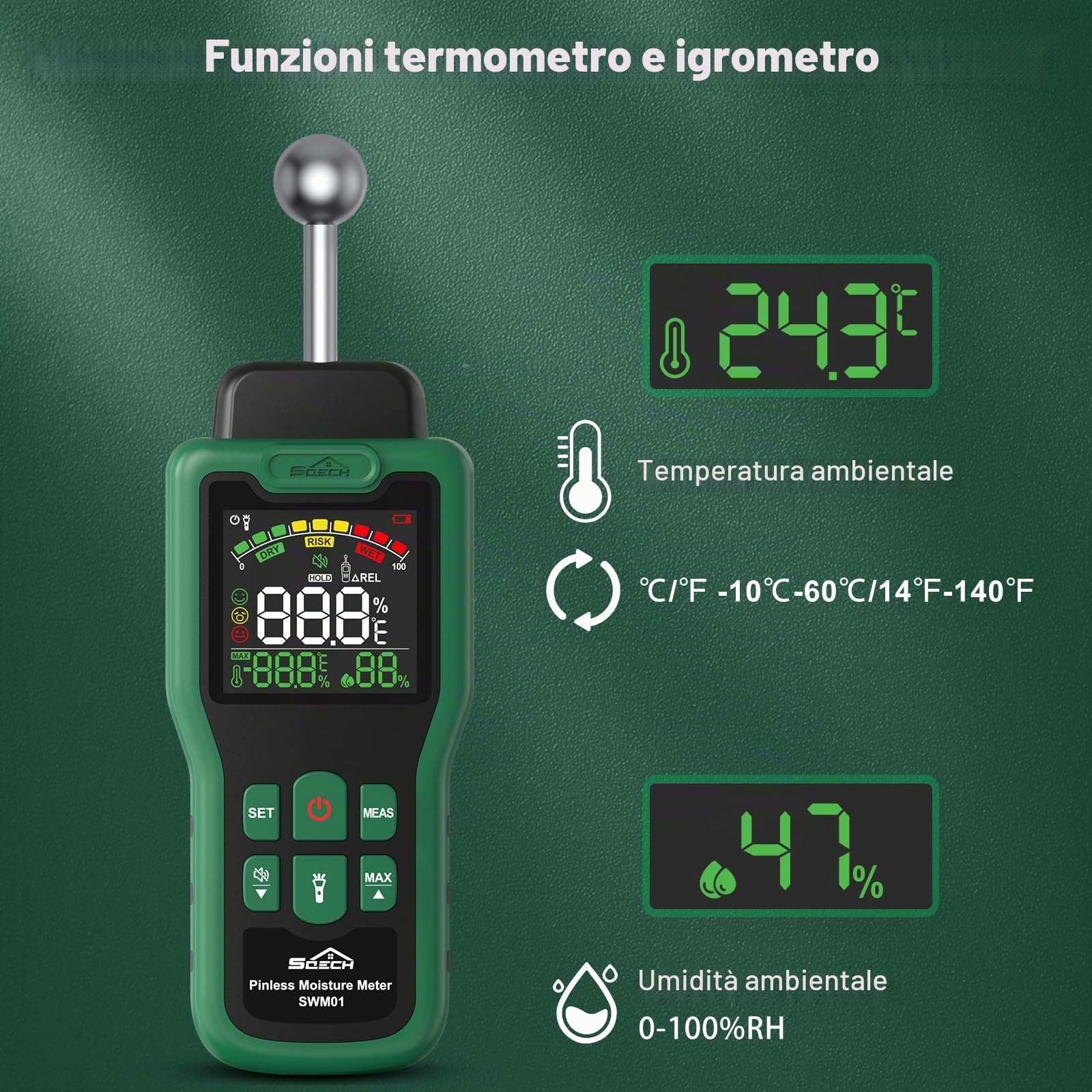 Misuratore Umidità, Igrometro SQECH con Termometro, Torcia | Misuratore di Umidità Multifunzionale con LCD a colori, Allarme, per Muri, Legno, Camper
