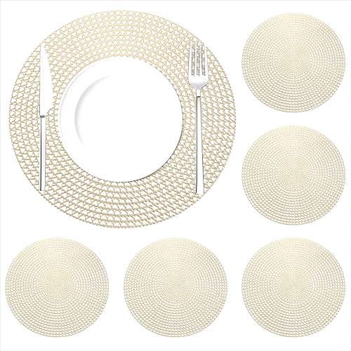 Miniatura 5 de Juego de 6 manteles individuales dorados estilo fuegos artificiales redondos de 15 pulgadas huecos para cocina, comedor, para Acción de Gracias,