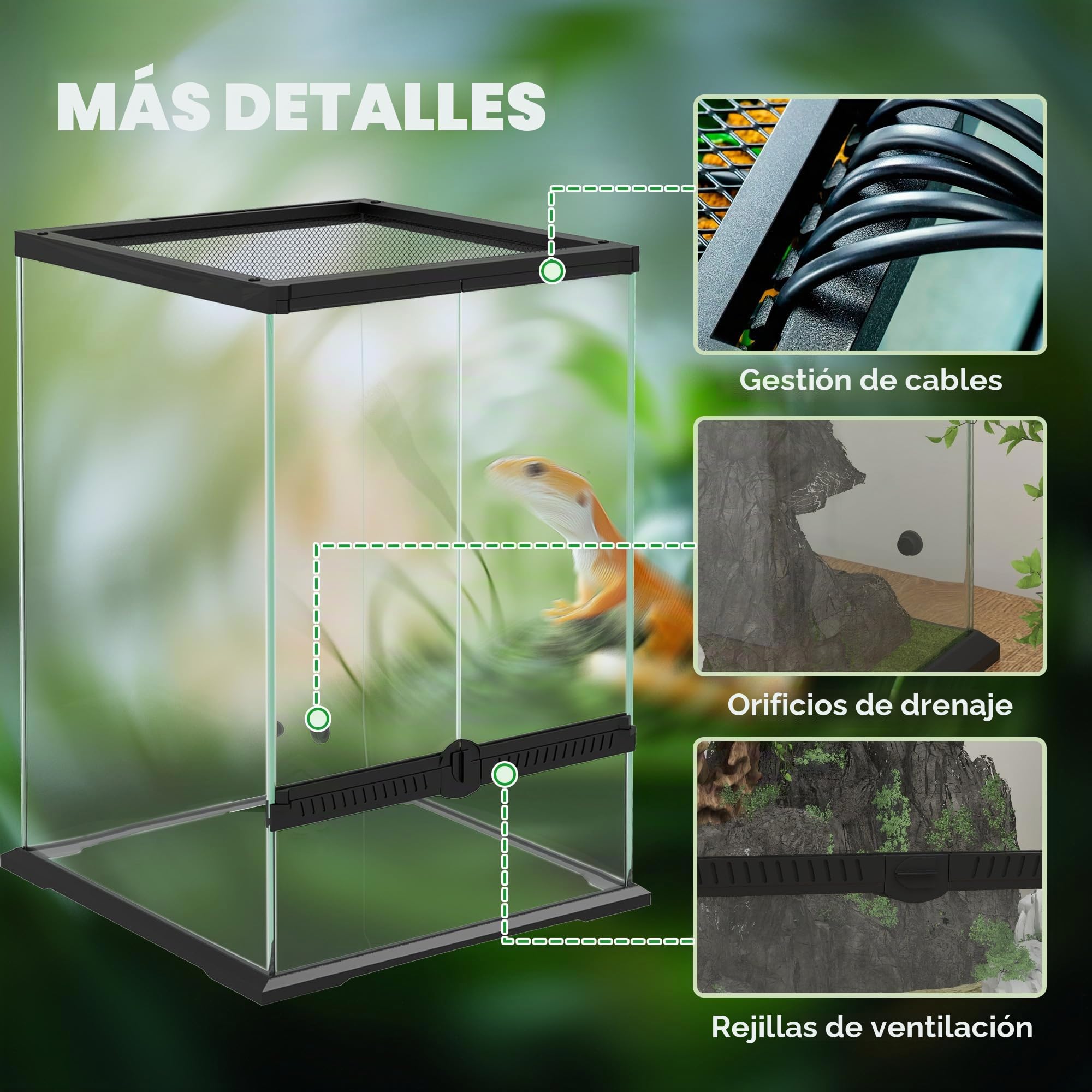 PawHut Terrario de cristal para reptiles, ventilación, 30 x 30 x 45 cm | 40L, ranas, lagartos, serpientes, tortugas, tortugas