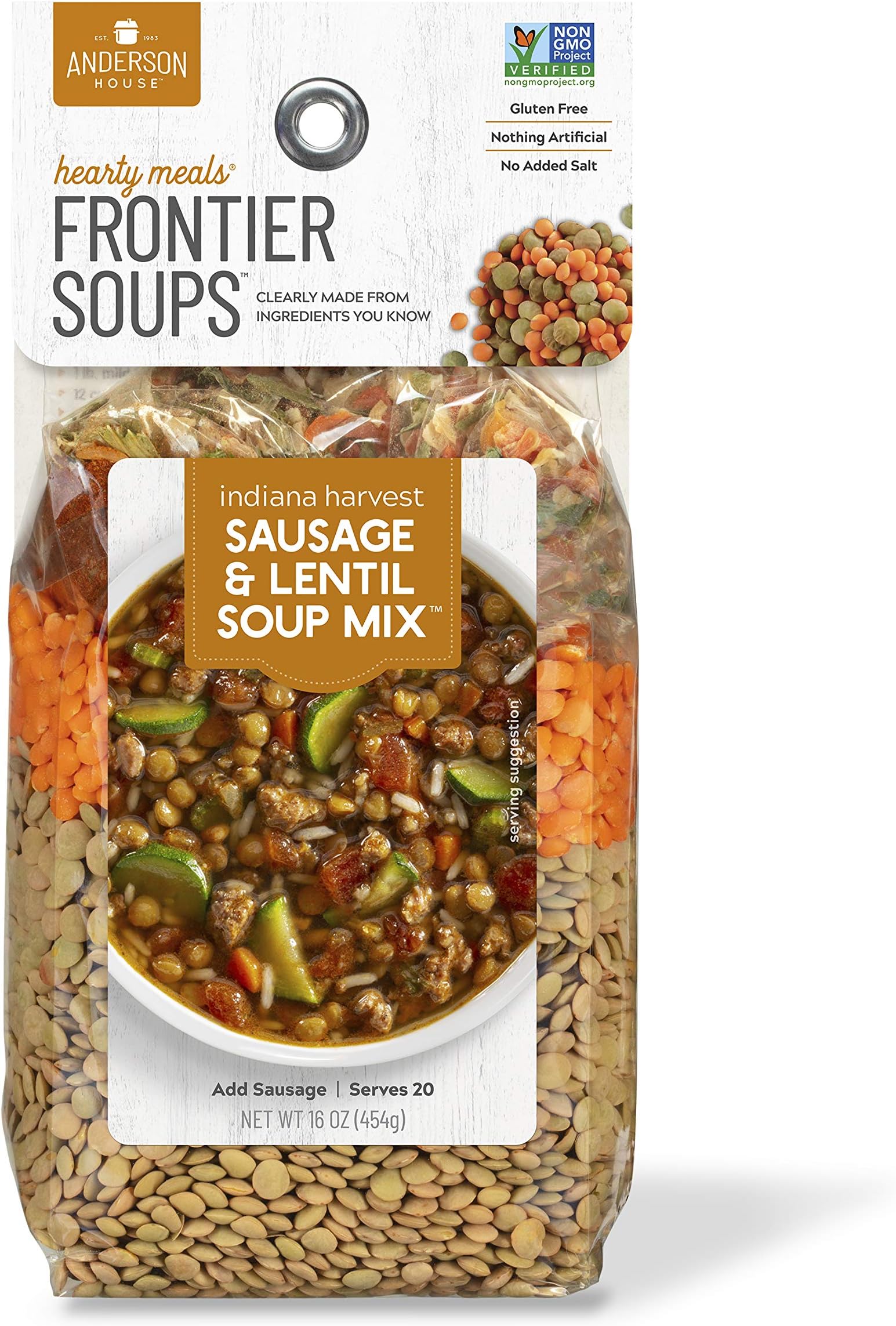 Frontier Soups Hearty Meals indiana harvest Sausage & Lentil, 16 oz, 2 pk
