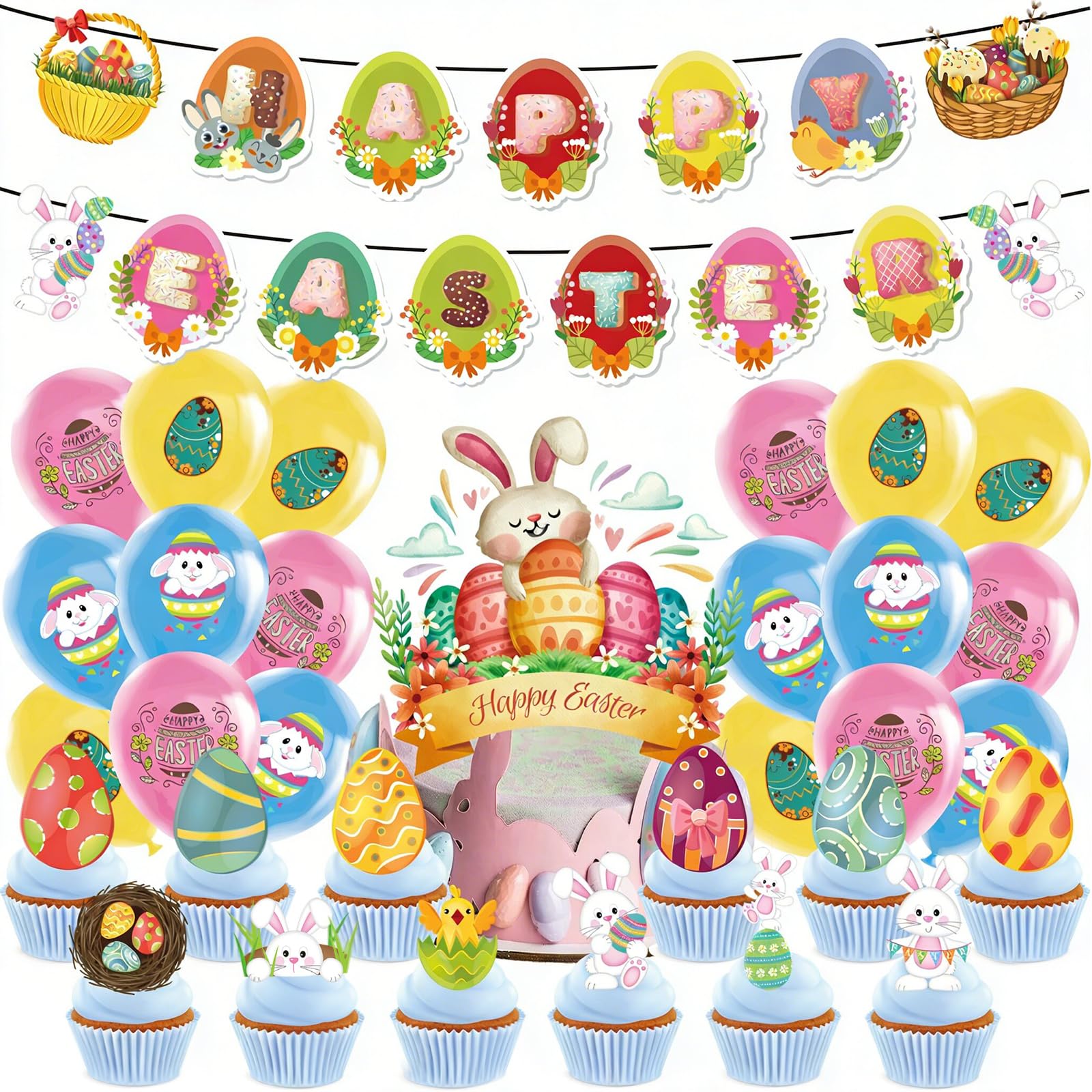 Easter Decorations, Happy Easter Bunting Banner, 18 Balloons, Cake Topper & 12 Cupcake Toppers, Bunny & Egg Party Decorations for Kids Family Gathering Home Table Decoration Spring Party Nursery Event