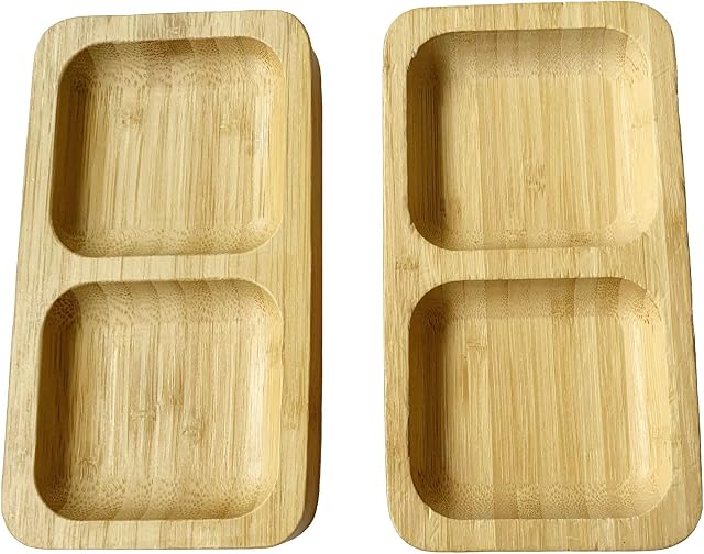 Natural Bamboo Wooden Small Serving Platters Dual Square Snack Tray Set (Set of 2) - Sauce Dishes Set - Party Food Platter Plates for Nibbles Tapas Cheese Sushi Dips Sauce Bowl Side Plates