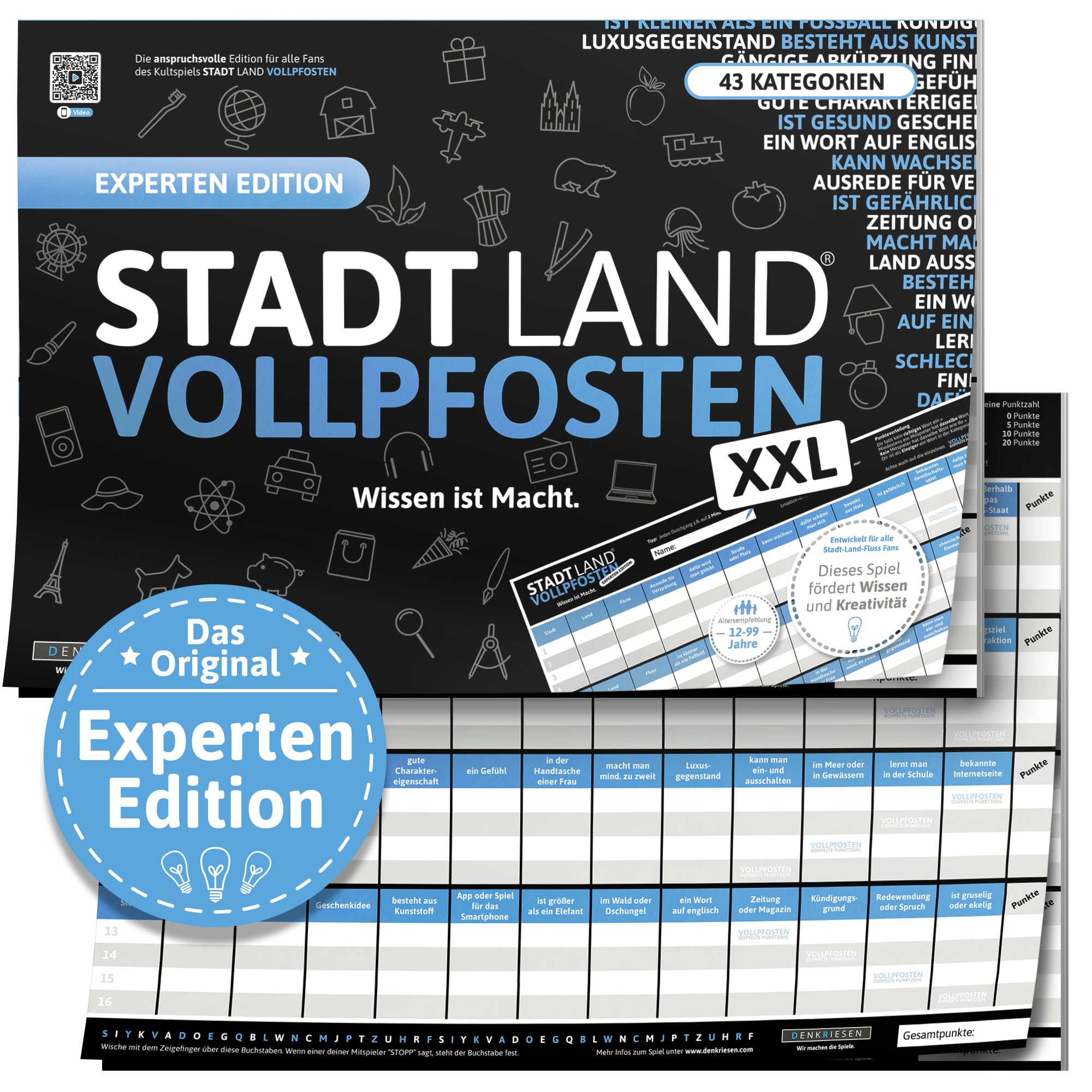 Stadt Land Vollpfosten® - Experten Edition - Ab 12 Jahren DIN A3 mit 43 Kategorien | Spiele für unterwegs | Familienspiel | Stadt Land Fluss | Mitbringspiel | Urlaubsspiele von Denkriesen
