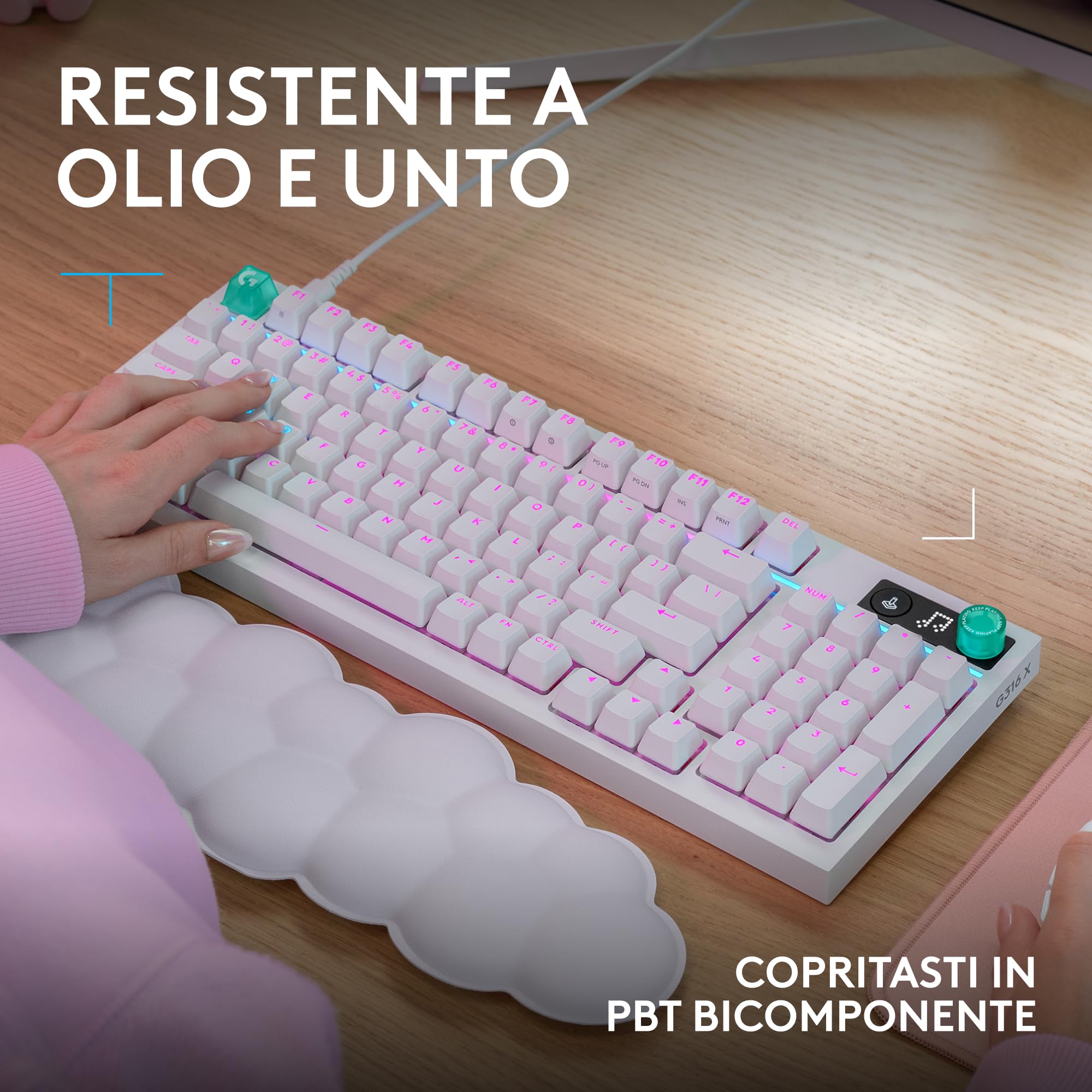 Logitech G G316 X 98, tastiera gaming, 8 kHz, switch Tactile hot-swap, struttura a guarnizione, display LED matrice & manopola, tasti PBT bicomponente, USB-C, RGB LIGHTSYNC, PC, ITA QWERTY - Bianco