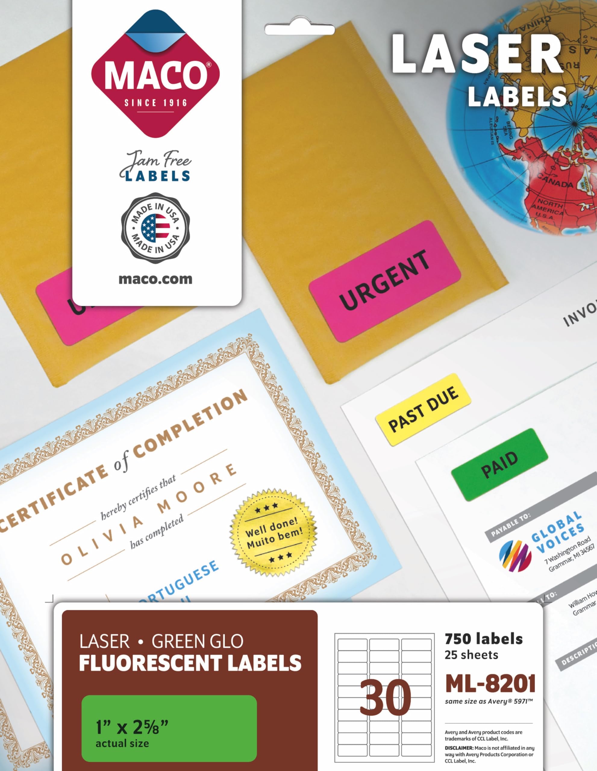 MACO Laser Green Fluorescent Labels, 1" x 2-5/8", 30 per Sheet, 750 per Pack (ML-8201)