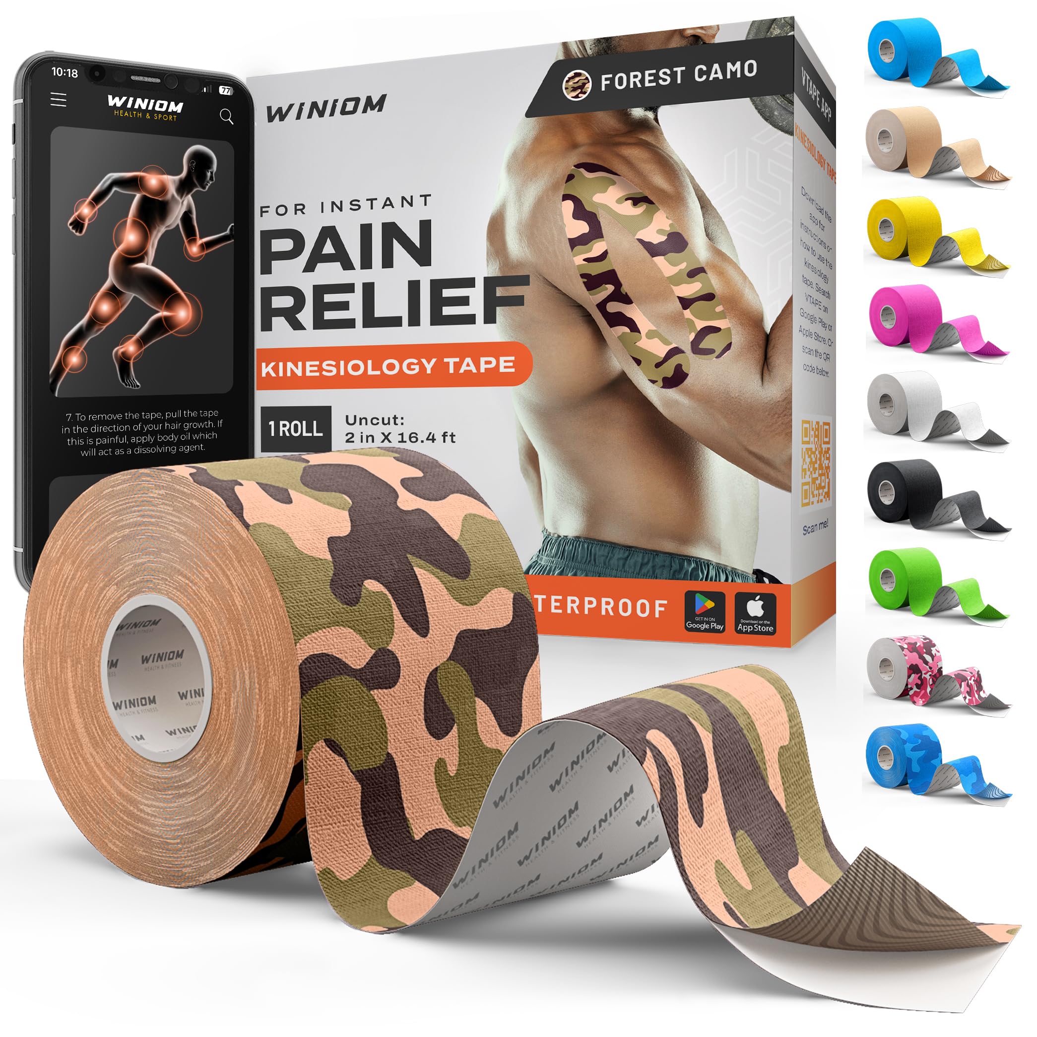 Kinesiology Tape - Waterproof Athletic Sports Tape for Knee, Shoulder, Arm &amp; Back Support | 3-5 Day Adhesion, Hypoallergenic &amp; Latex-Free + Taping Guide (Uncut, 2"x16.4ft Roll, Forest Camo)