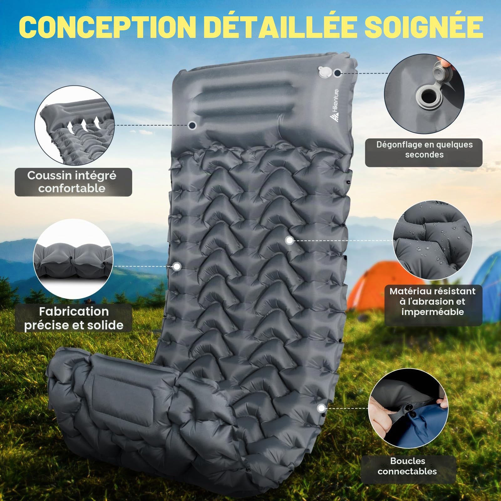 HIKENTURE Matelas de Camping 1 Place Autogonflant 10 cm - avec Pompe à Pied | Portable et Confortable - Matelas Gonflable Pour Camping, Trekking, Plage, Randonnée, Bivouac, Tente - Gris