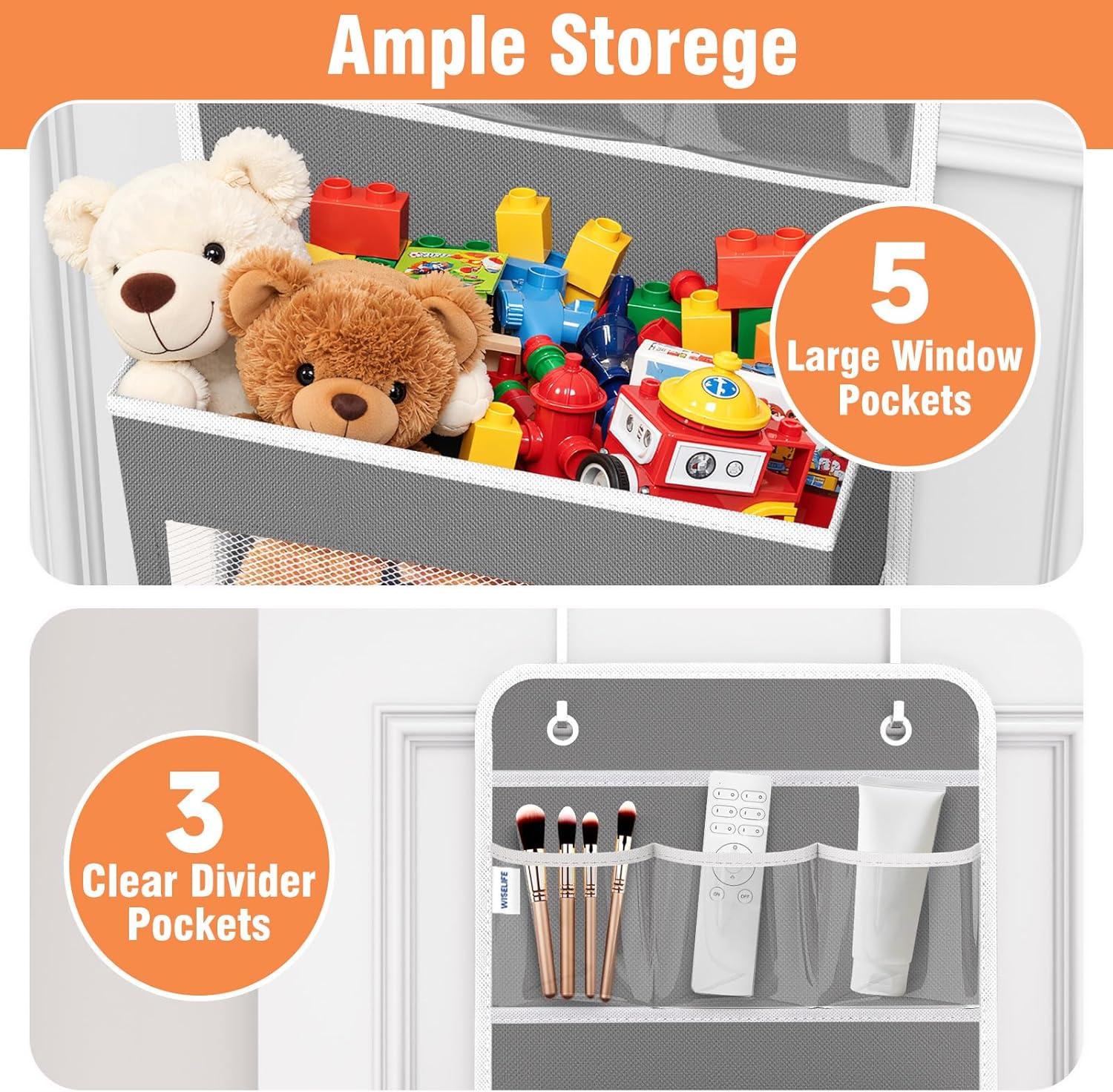 WISELIFE Over The Door Organizer - 6 Shelves Detachable Hanging Bedroom Storage Solution with 5 Large Pockets and 3 PVC Pockets for Dorm Bathroom, Pantry Nursery Baby Essentials (Grey)