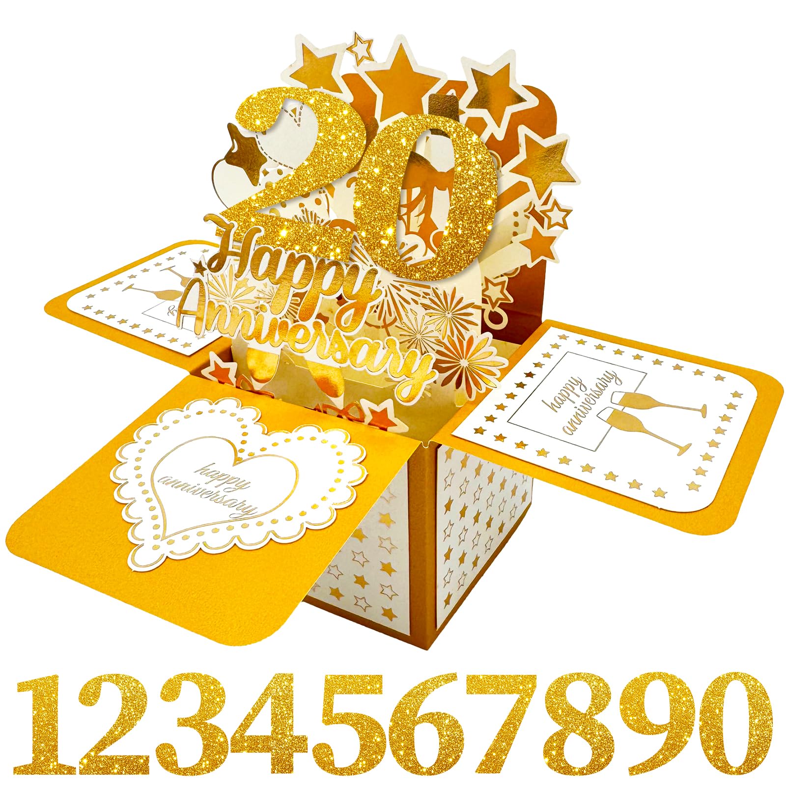 Anniversary Pop Up Card, Gold 3D Anniversary Cards, Happy Anniversary Pop Up Card with 2 Sets of Numbers and Round Stickers, Wedding Anniversary Card for Wife Husband Couple