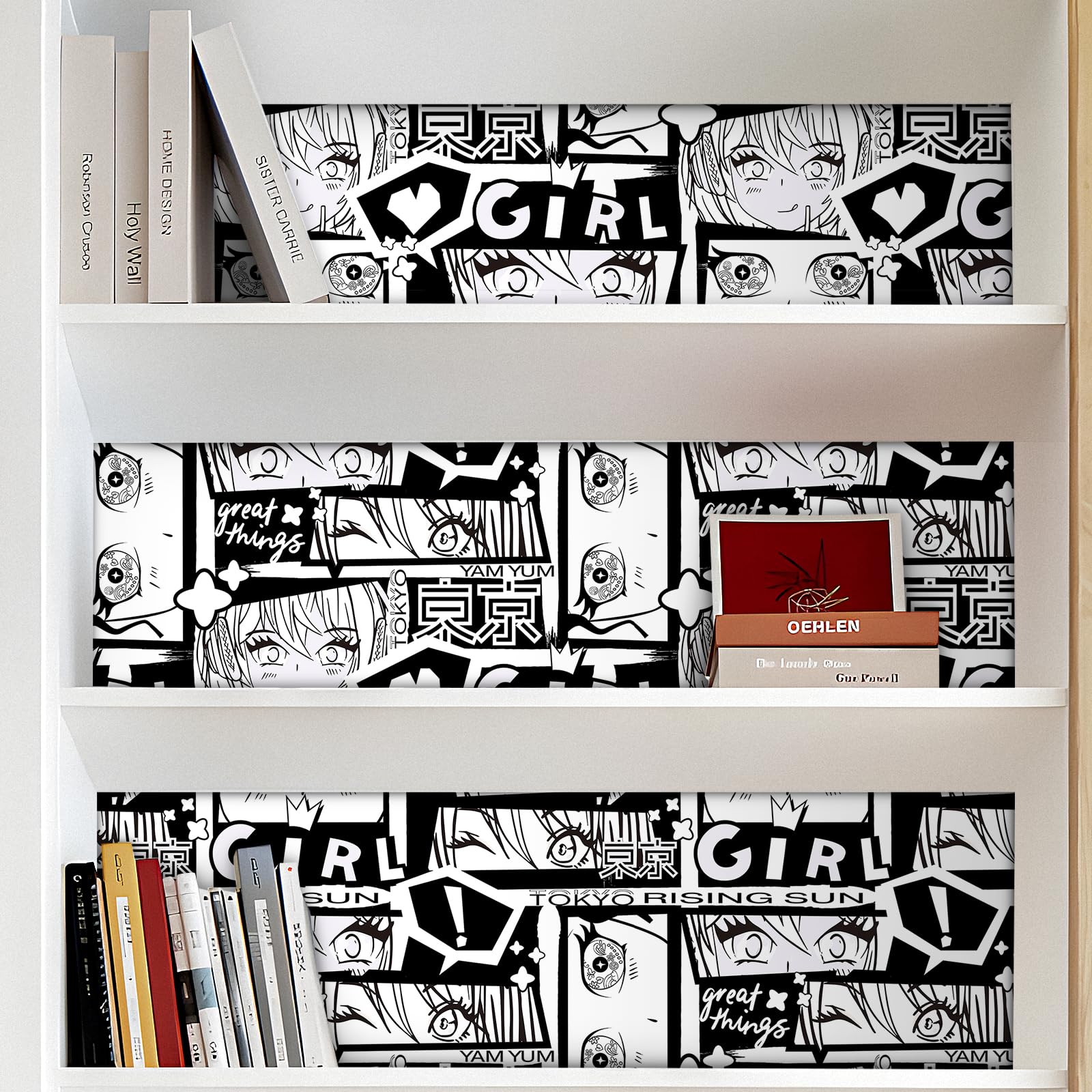 Livelynine 44,5 x 701 cm anime giapponese Peel & Stick carta da parati rimovibile per camera da letto moderna in bianco e nero graffiti murale murale affittuario amichevole carta da contatto