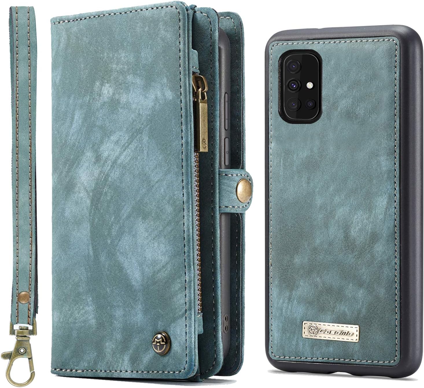 Simicoo Samsung A71 4G Wallet Leather Case Detachable Magnetic Zipper Flip Case 11 Card Slots Holder Wrist Strap Handle Shockproof Cover Pocket Wallet Handbag for Samsung A71 4G (Blue)