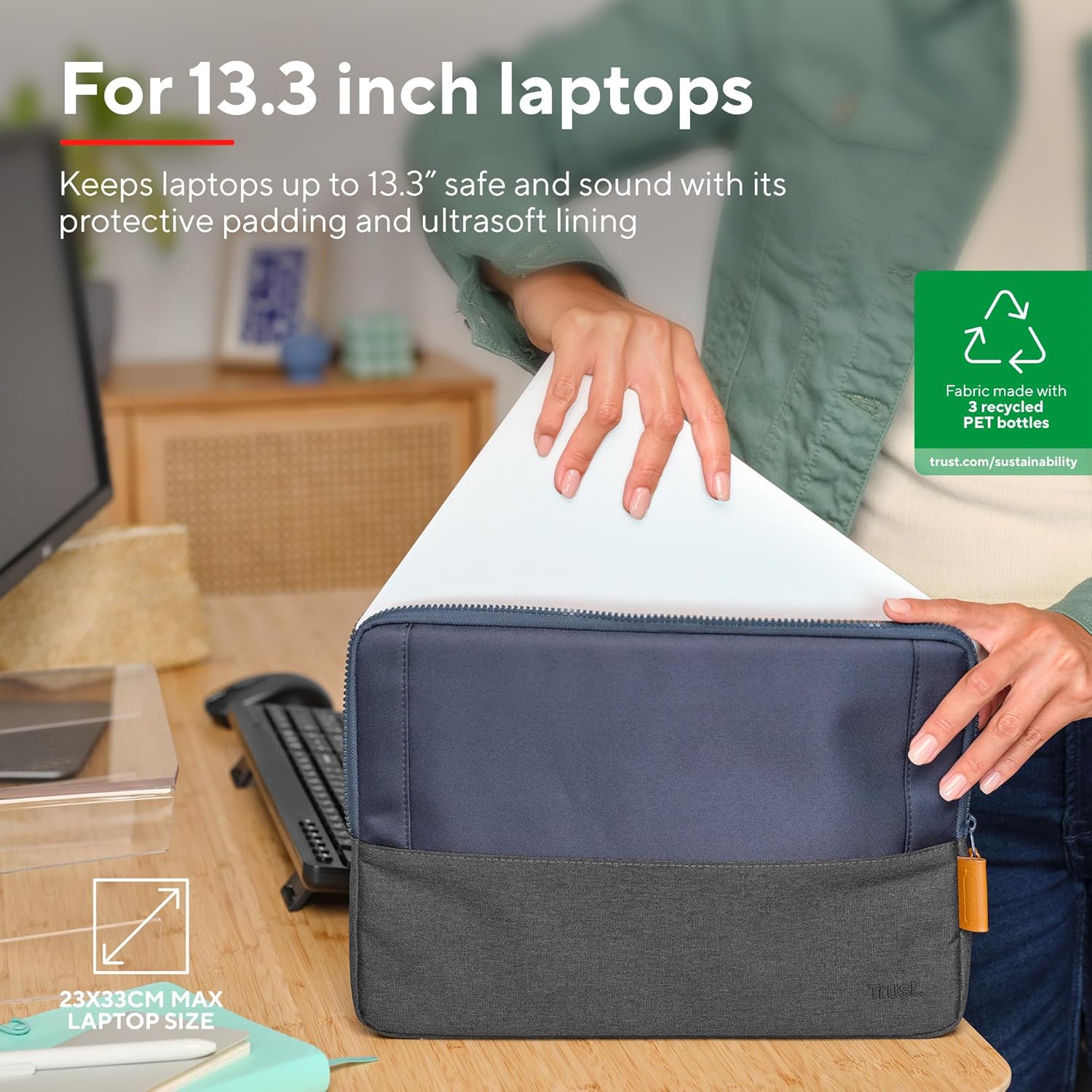 Trust Lisboa Laptop Sleeve 13.3 inch, Made from Recycled Plastic, Durable Slim Padded Laptop Case Cover for Men, Women, College, MacBook, HP, Dell, Asus, Lenovo, Travel, Work, Business - Blue